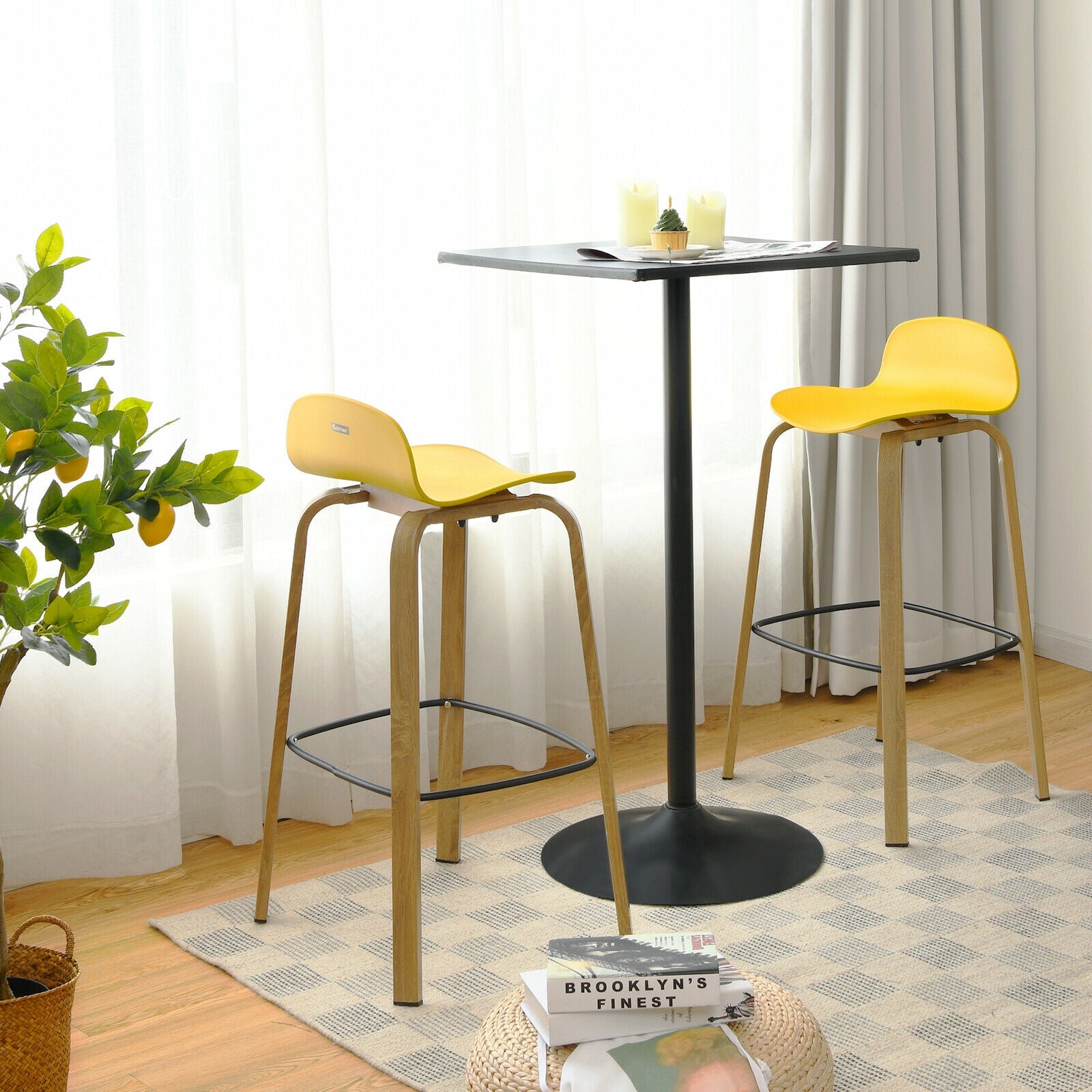 Set of 2 Modern Barstools Pub Chairs with Low Back and Metal Legs-YellowÂ