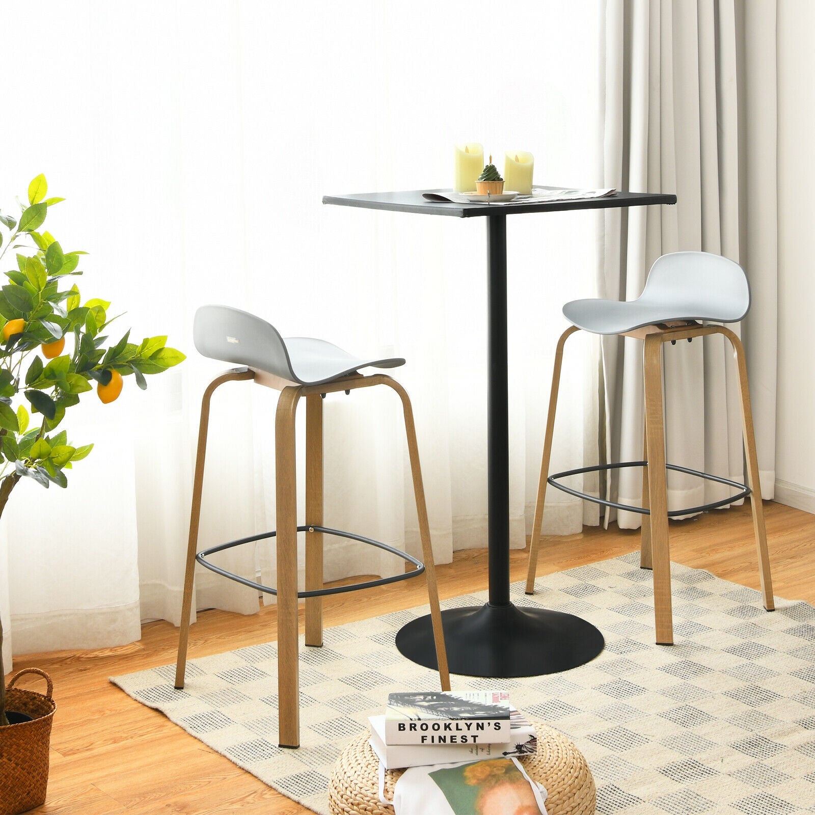 Set of 2 Modern Barstools Pub Chairs with Low Back and Metal Legs-GrayÂ