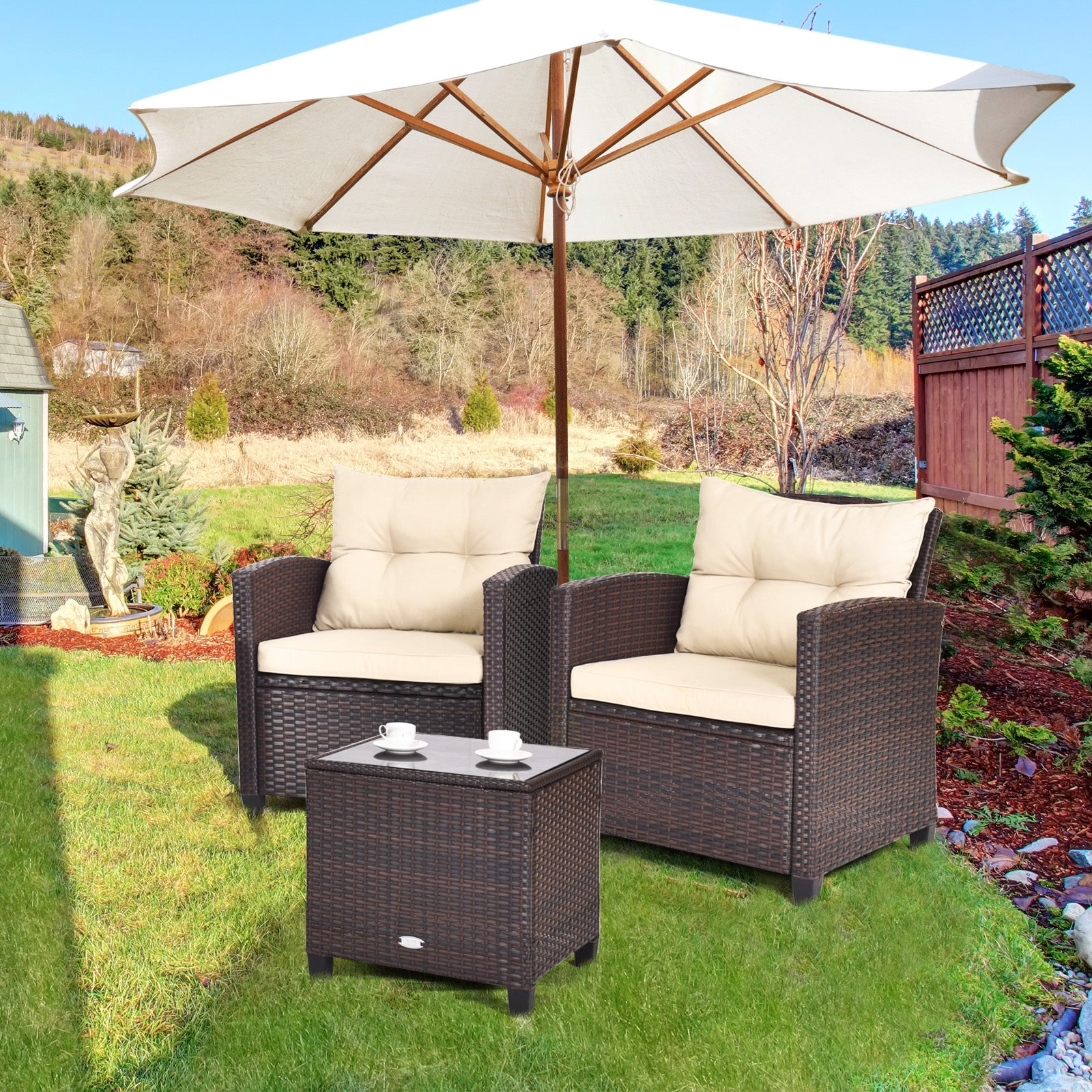 3 Pieces Patio Rattan Furniture Set with 4 Removable CushionsÂ