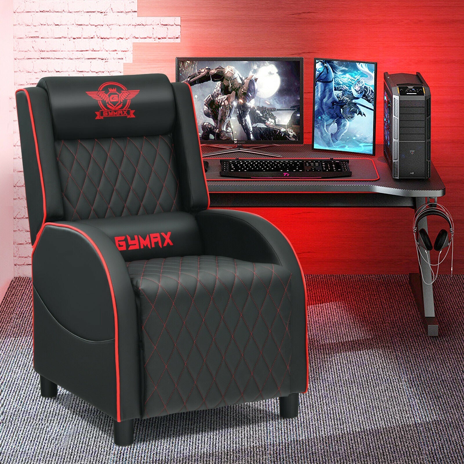 Massage Gaming Recliner Chair with Headrest and Adjustable Backrest for Home Theater-RedÂ