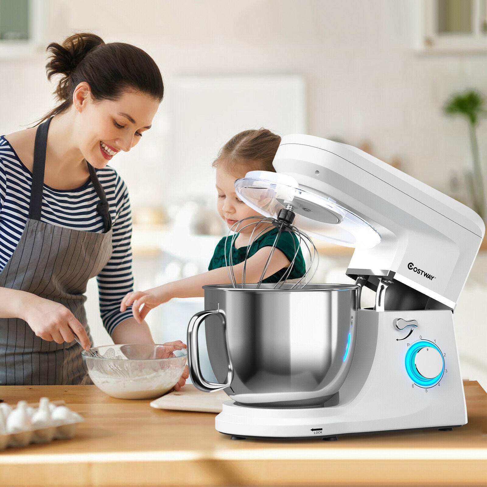 7.5 QT Tilt-Head Stand Mixer 6 Speed 660W with Dough Hook Beater -WhiteÂ