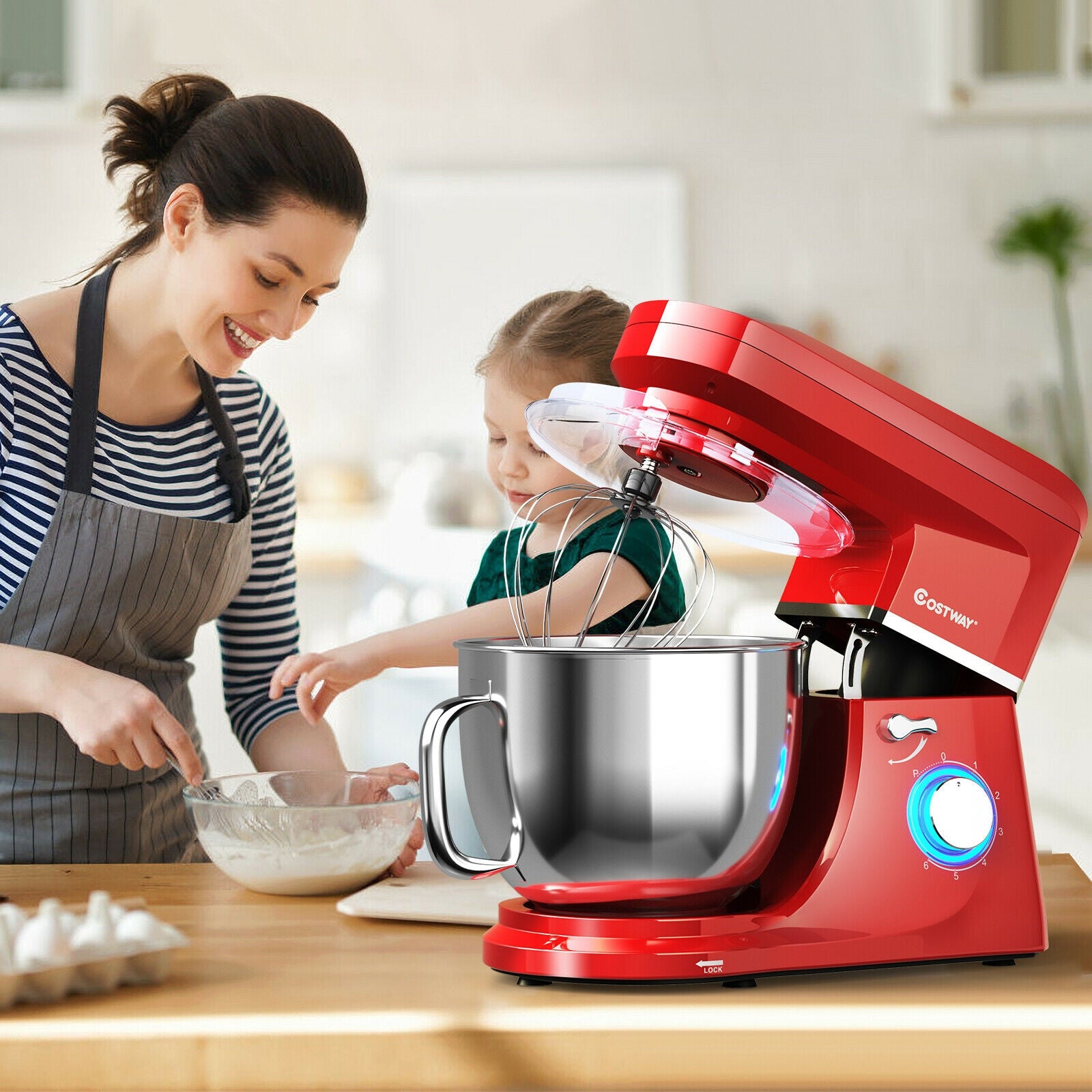 7.5 QT Tilt-Head Stand Mixer 6 Speed 660W with Dough Hook Beater -RedÂ