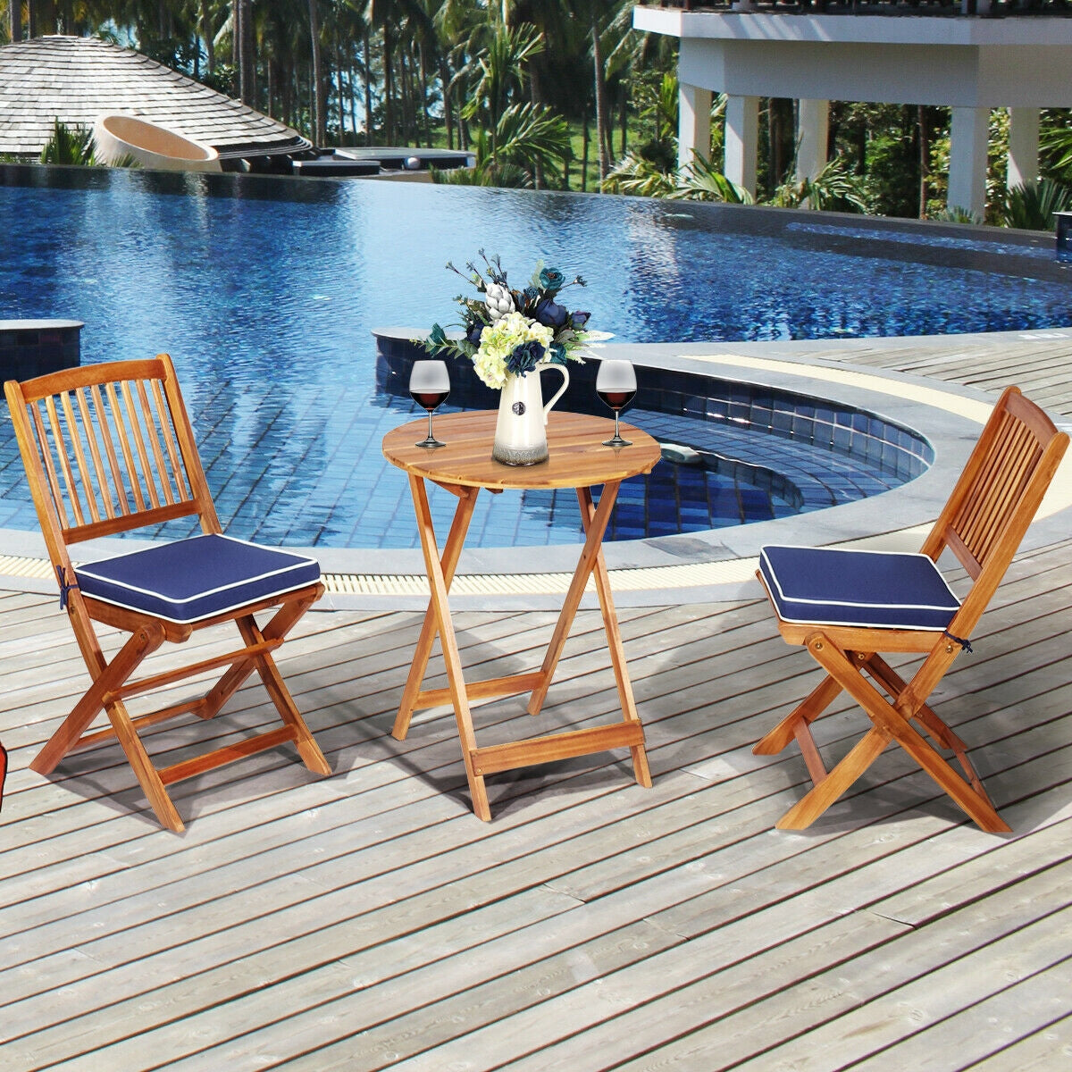 3 Pieces Patio Folding Wooden Bistro Set Cushioned Chair-NavyÂ