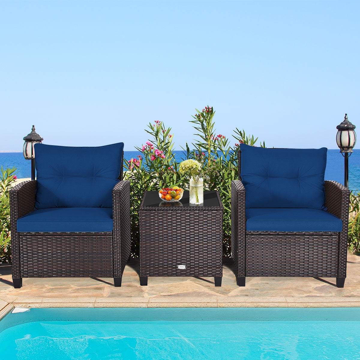 3 Pieces Cushioned Rattan Patio Conversation Set with Coffee Table-NavyÂ