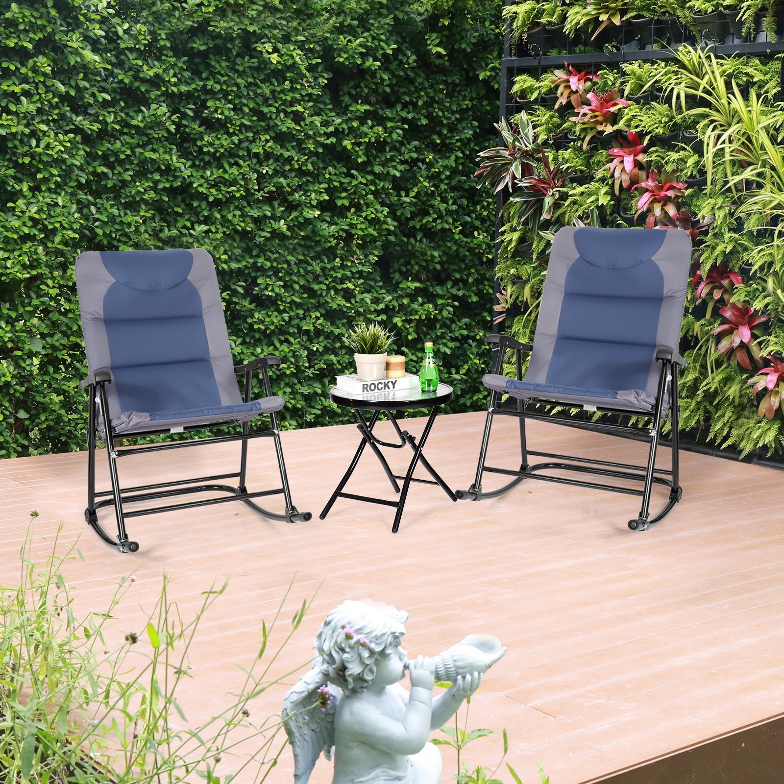 3 Pieces Outdoor Folding Rocking Chair Table Set with Cushion-BlueÂ