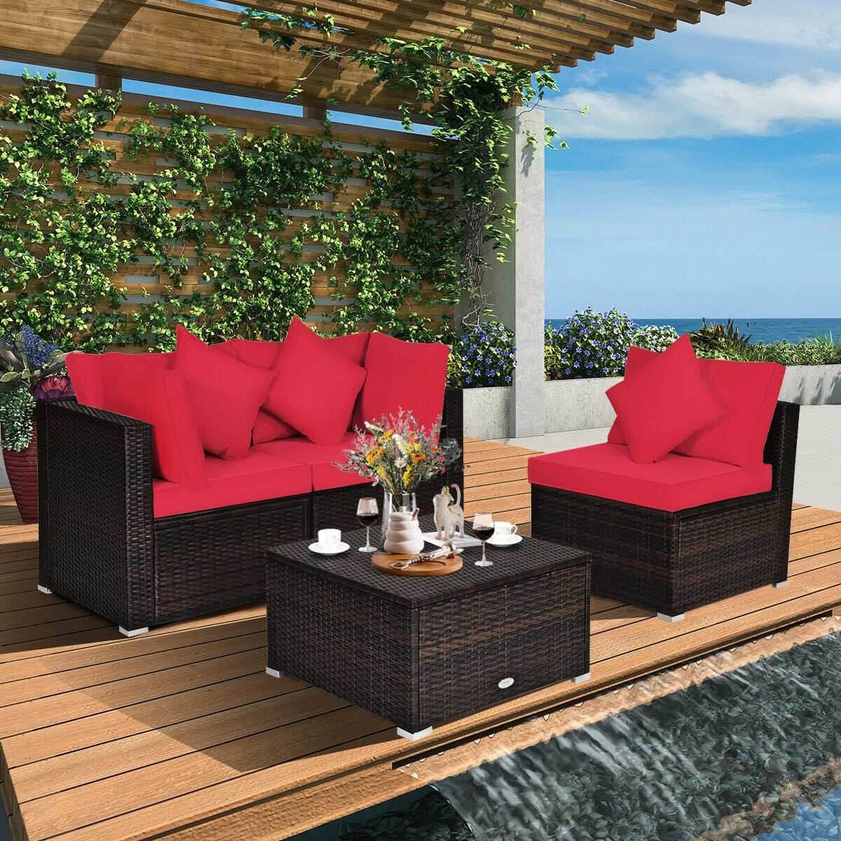 4 Pcs Ottoman Garden Deck Patio Rattan Wicker Furniture Set Cushioned Sofa-RedÂ