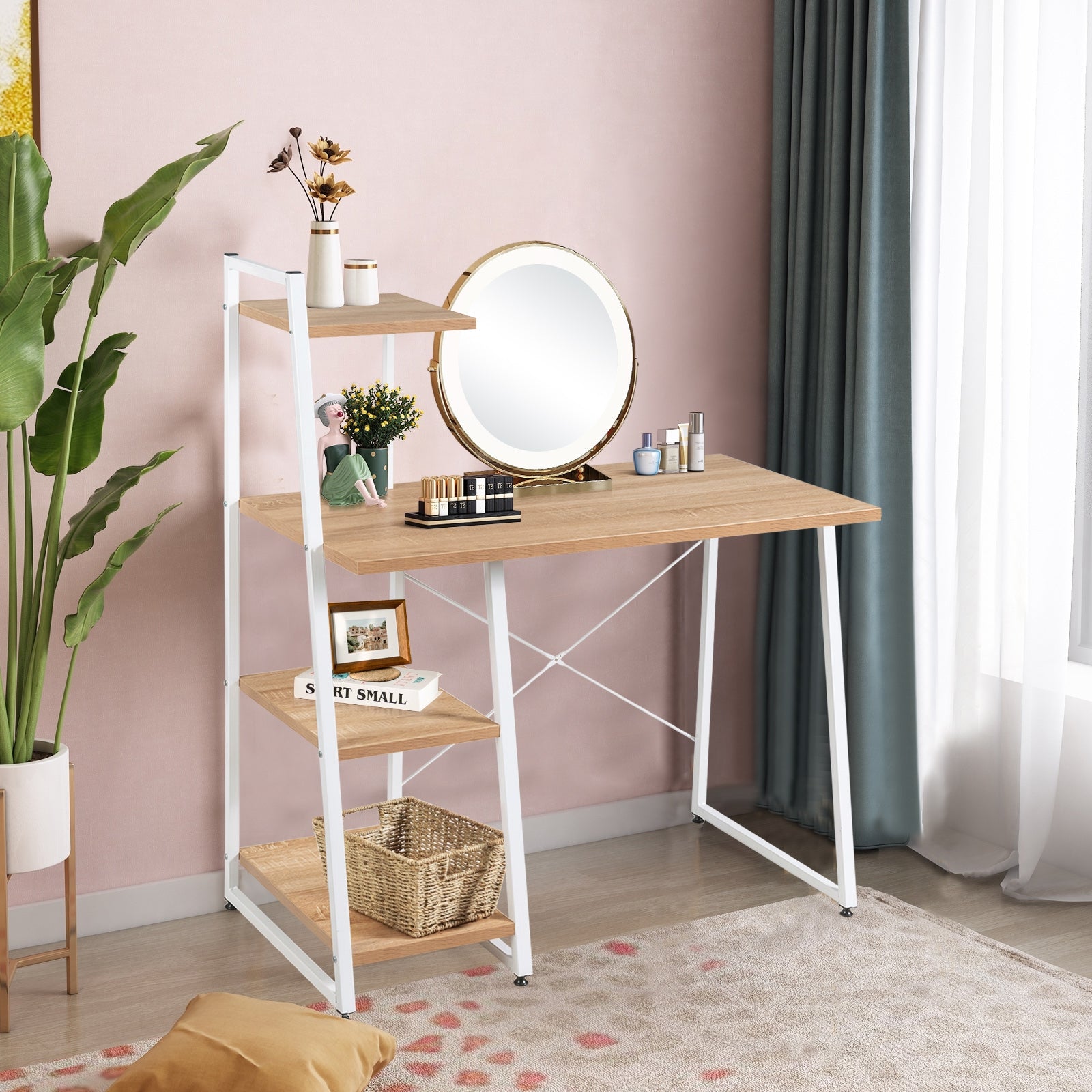 Compact Computer Desk Workstation with 4 Tier Shelves for Home and Office-NaturalÂ