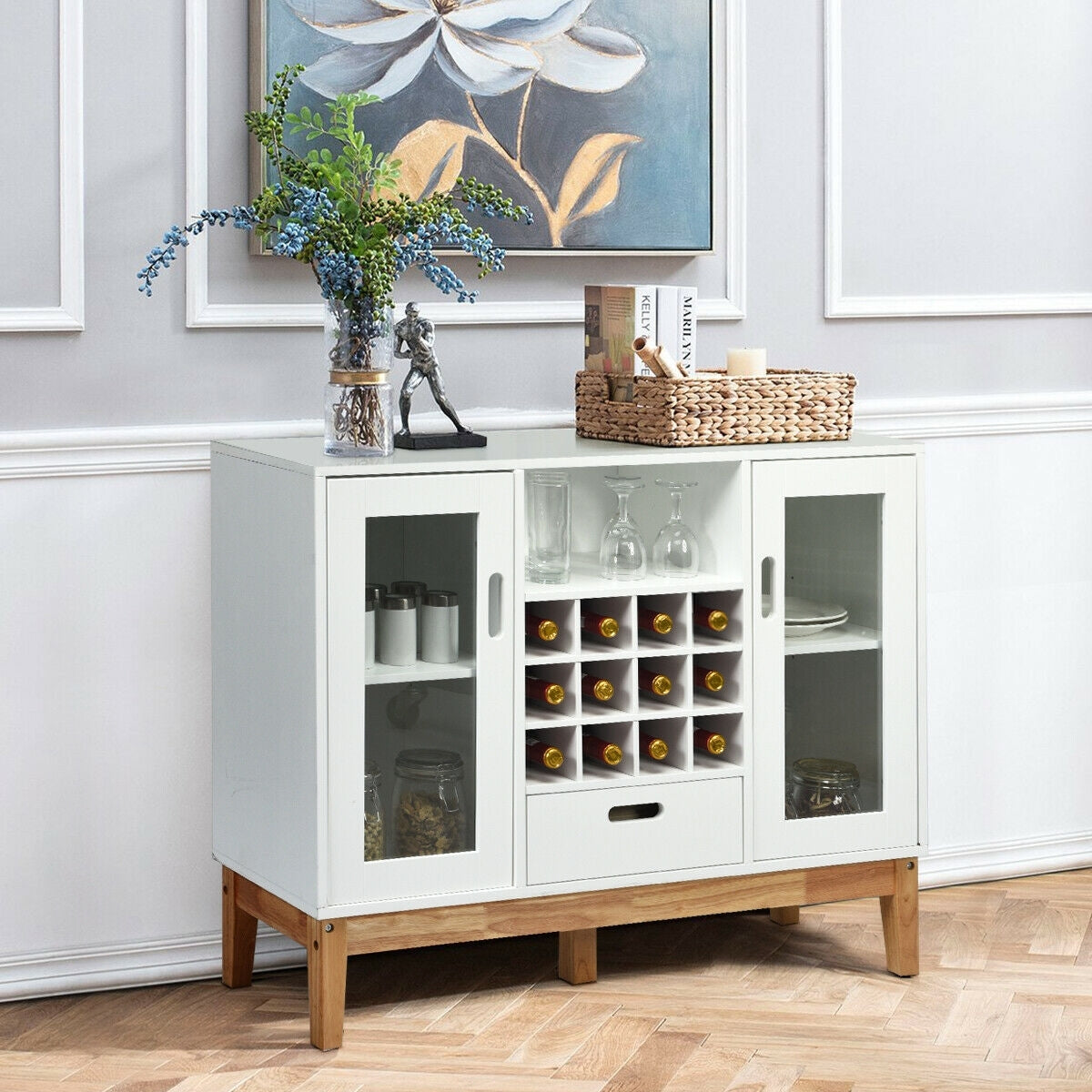 Wood Wine Storage Cabinet Sideboard Console Buffet Server-WhiteÂ
