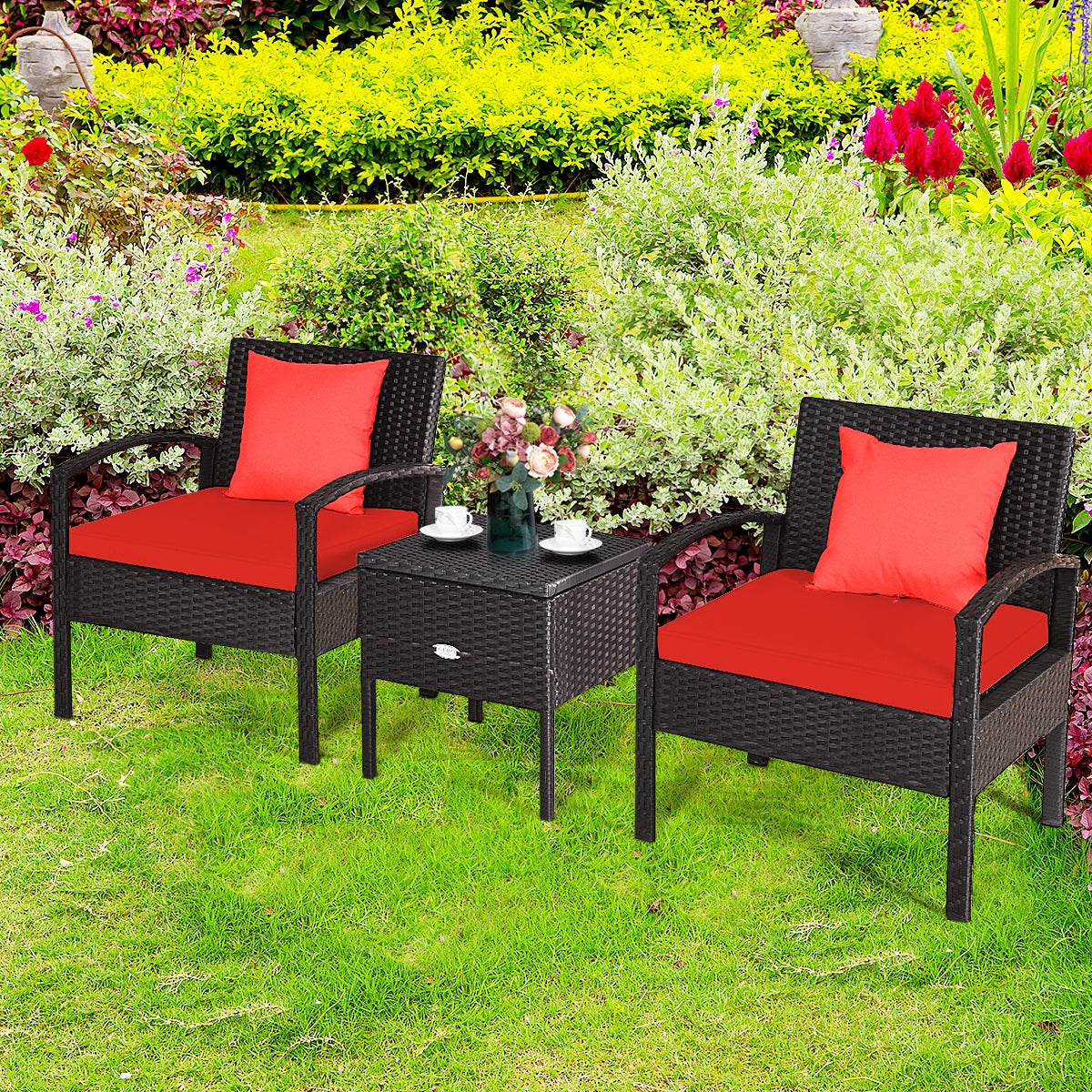 3 Piece PE Rattan Wicker Sofa Set with Washable and Removable Cushion for Patio-RedÂ