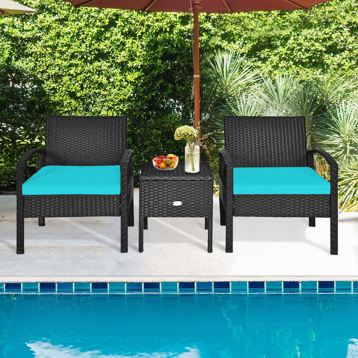3 Piece PE Rattan Wicker Sofa Set with Washable and Removable Cushion for Patio-TurquoiseÂ