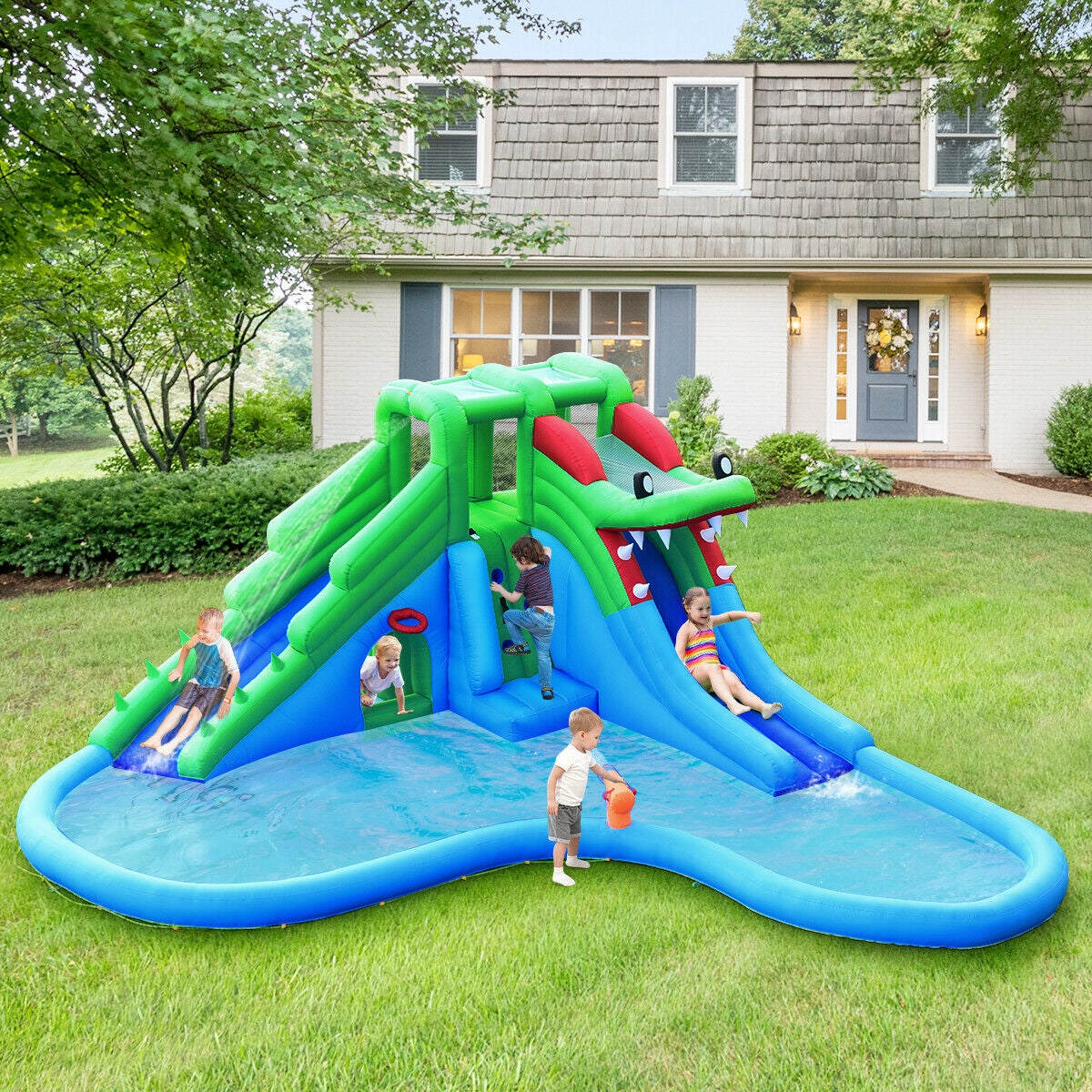 Inflatable Water Park Crocodile Bouncer Dual Slide Climbing Wall Without BlowerÂ