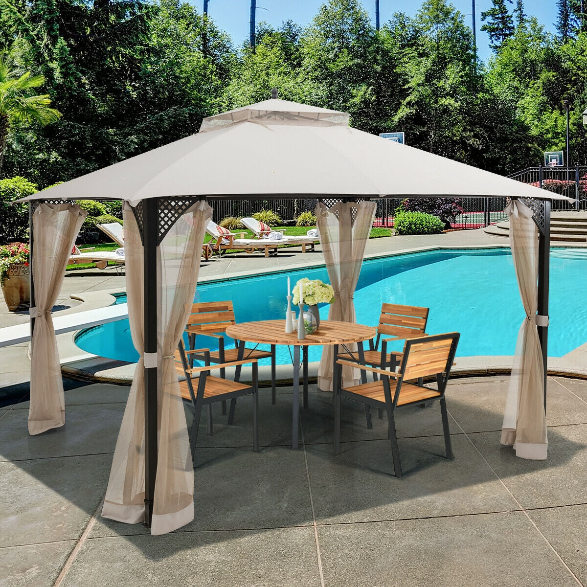 12’ x 10’Outdoor Double Top Patio Gazebo-BeigeÂ