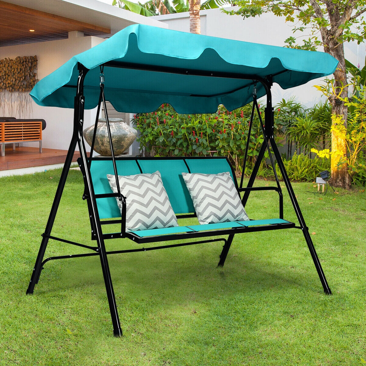 3 Person Patio Swing with Polyester Angle Adjustable Canopy and Steel Frame-BlueÂ