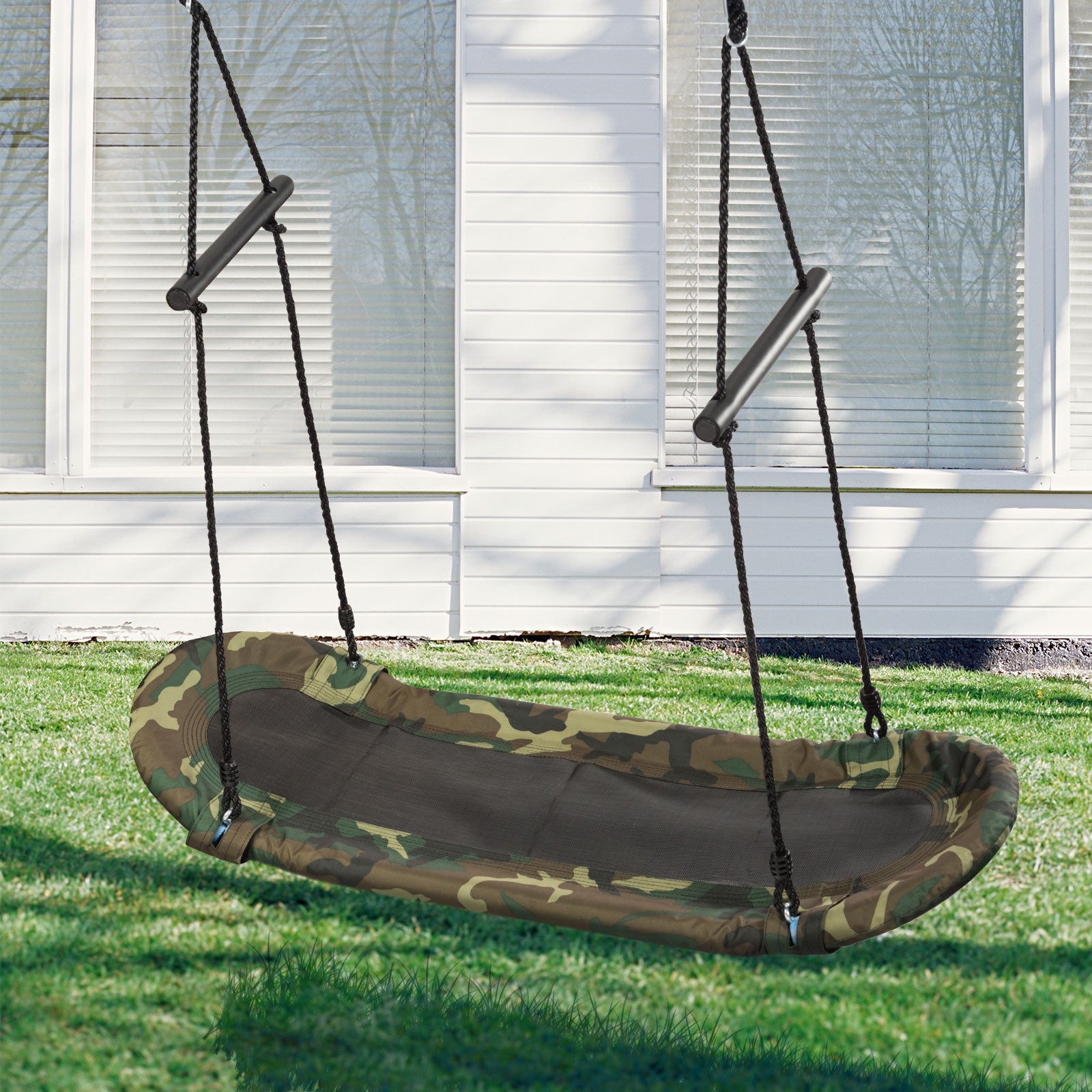 Saucer Tree Swing Surf Kids Outdoor Adjustable Oval Platform Set with Handle-Army GreenÂ