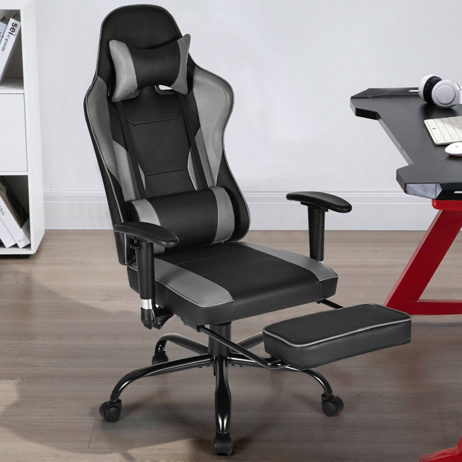 Massage Gaming Chair Recliner with Footrest and Adjustable Armrests for Home and Office-BlackÂ