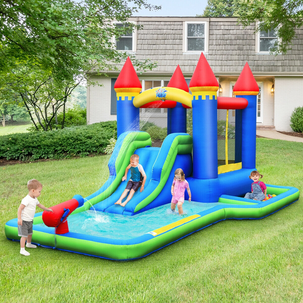 Inflatable Bounce House Castle Water Slide with Climbing Wall and 580W BlowerÂ