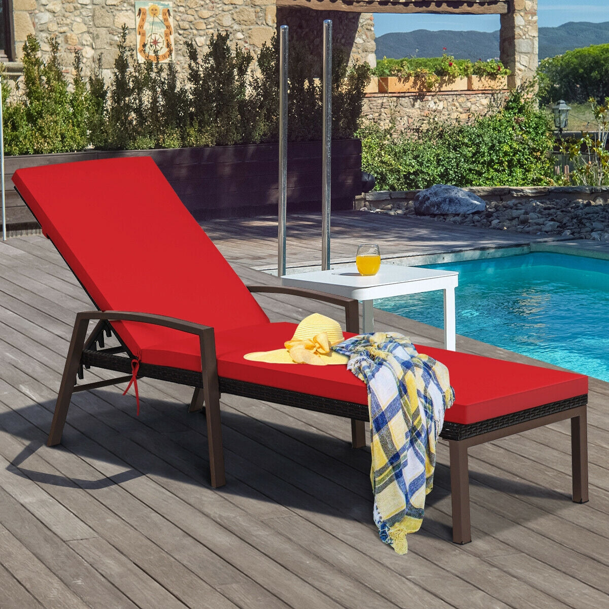 Patio Rattan Lounge Chaise Recliner with Back Adjustable CushionedÂ