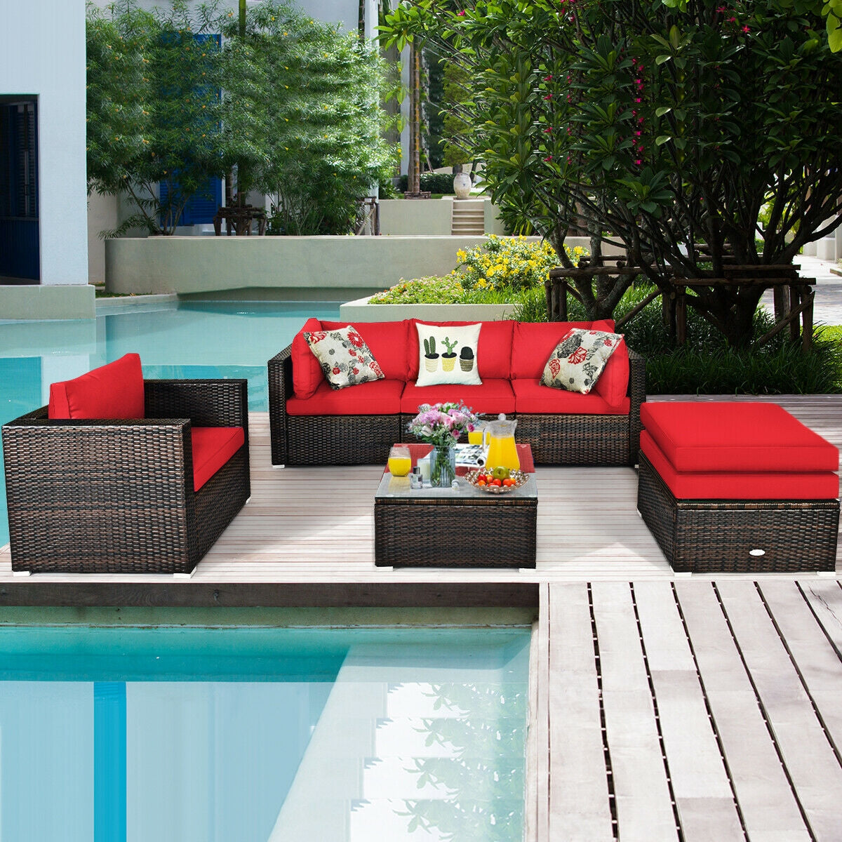 6 Pieces Patio Rattan Furniture Set with Sectional Cushion-RedÂ