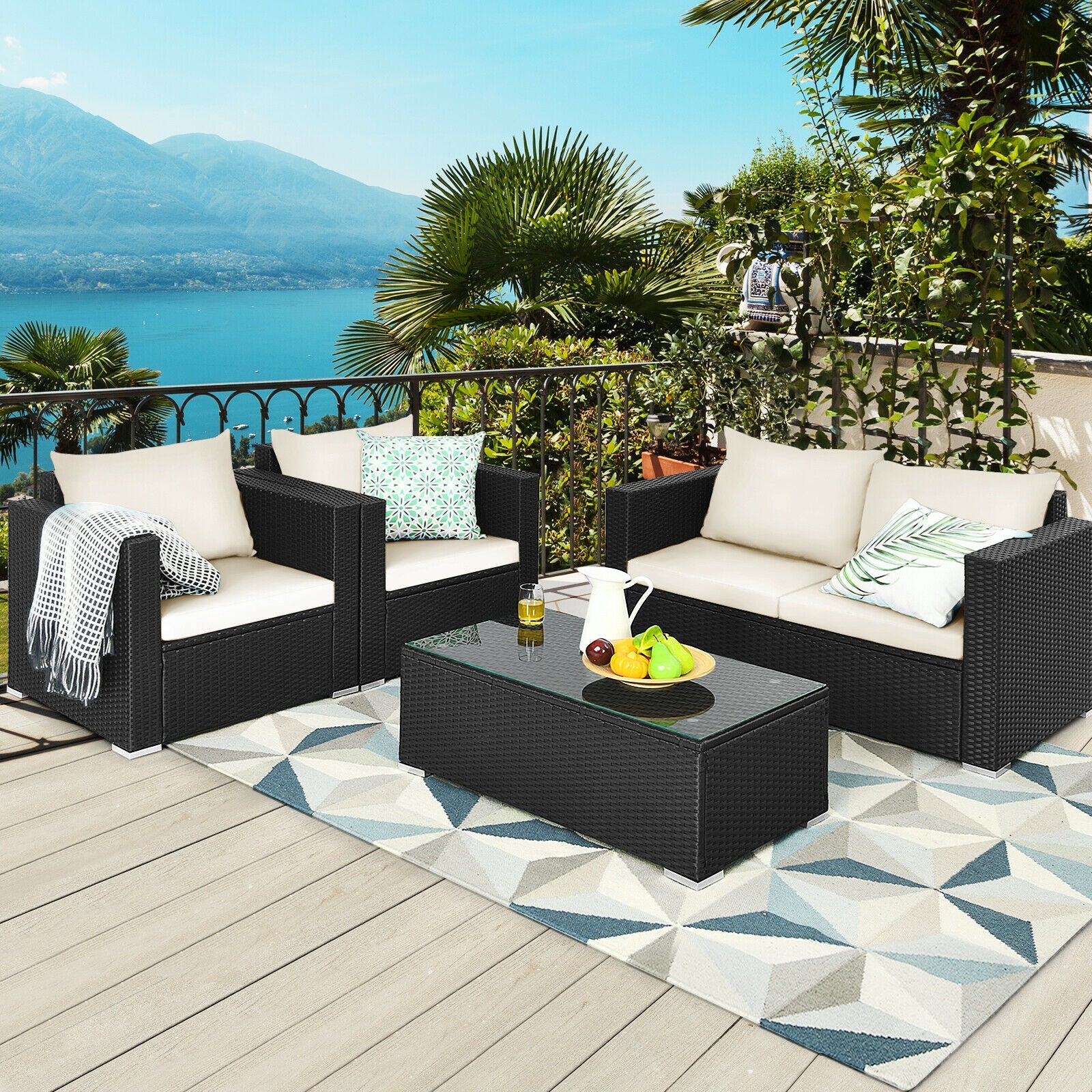 4 Pieces Patio Rattan Cushioned Furniture Set-WhiteÂ