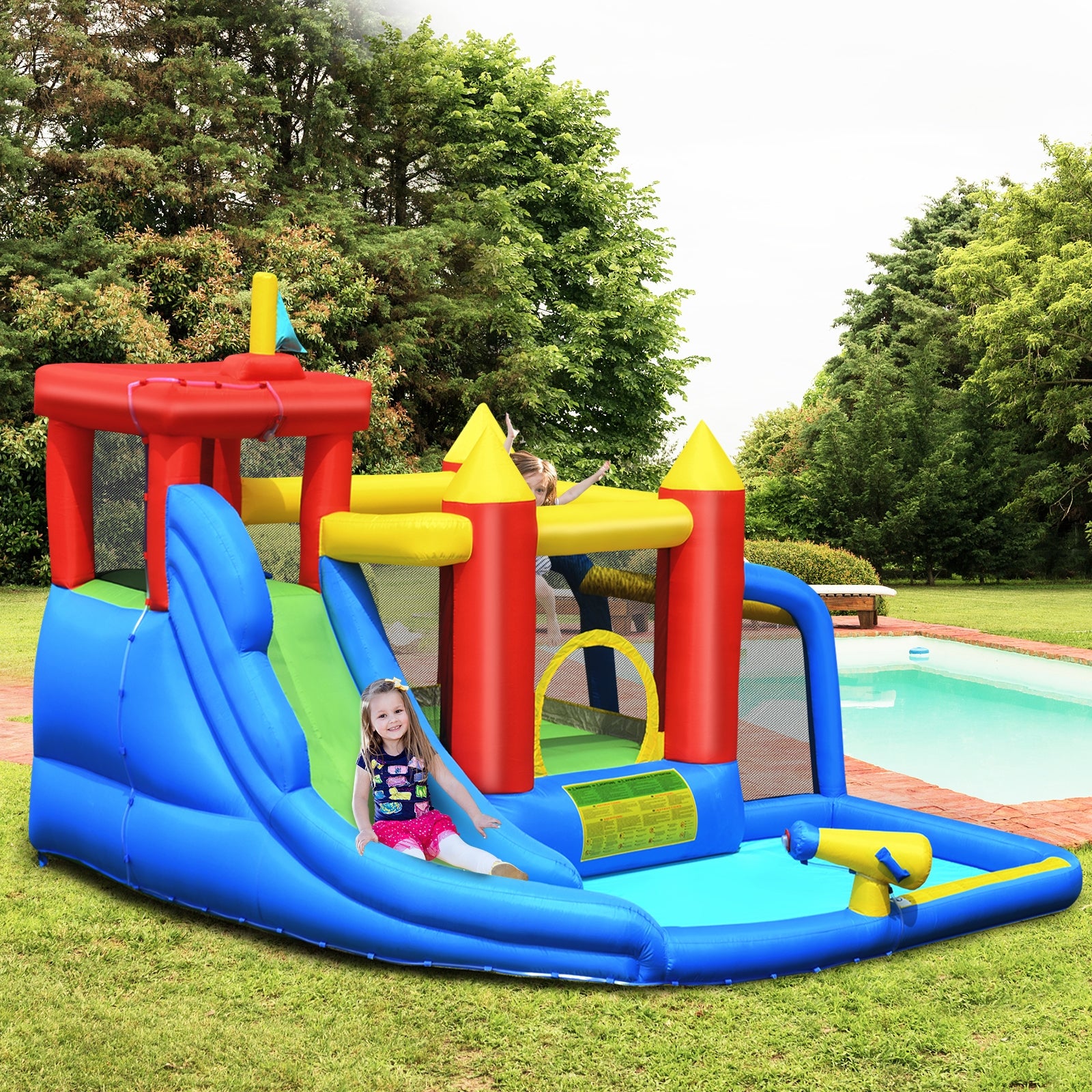 Inflatable Bounce House Splash Pool with Water Climb Slide Blower IncludedÂ