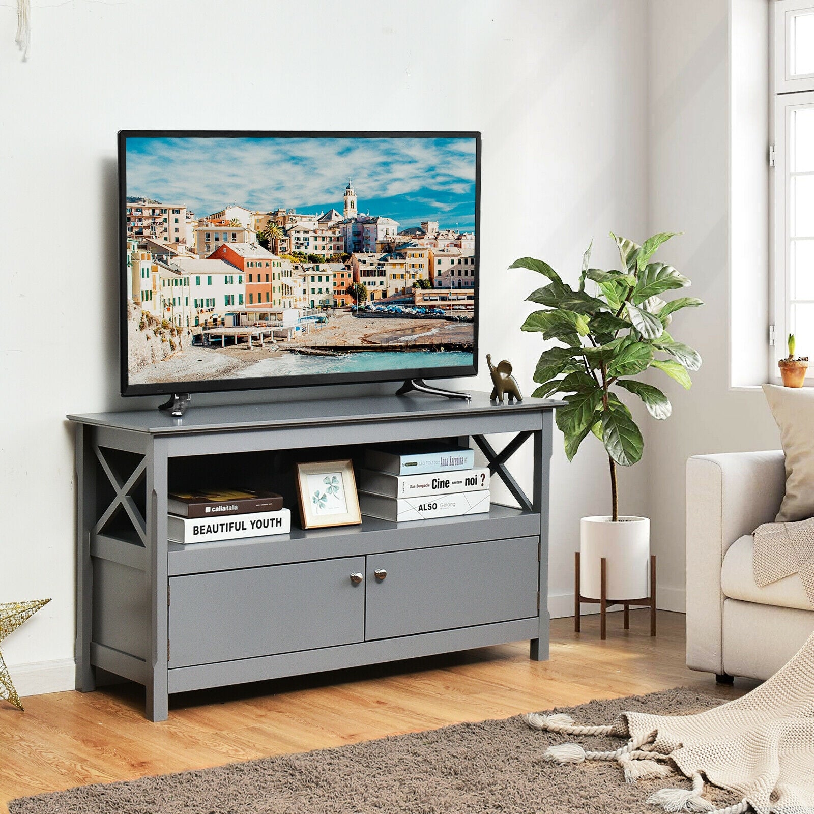 44 Inch Wooden Storage Cabinet TV Stand-GrayÂ
