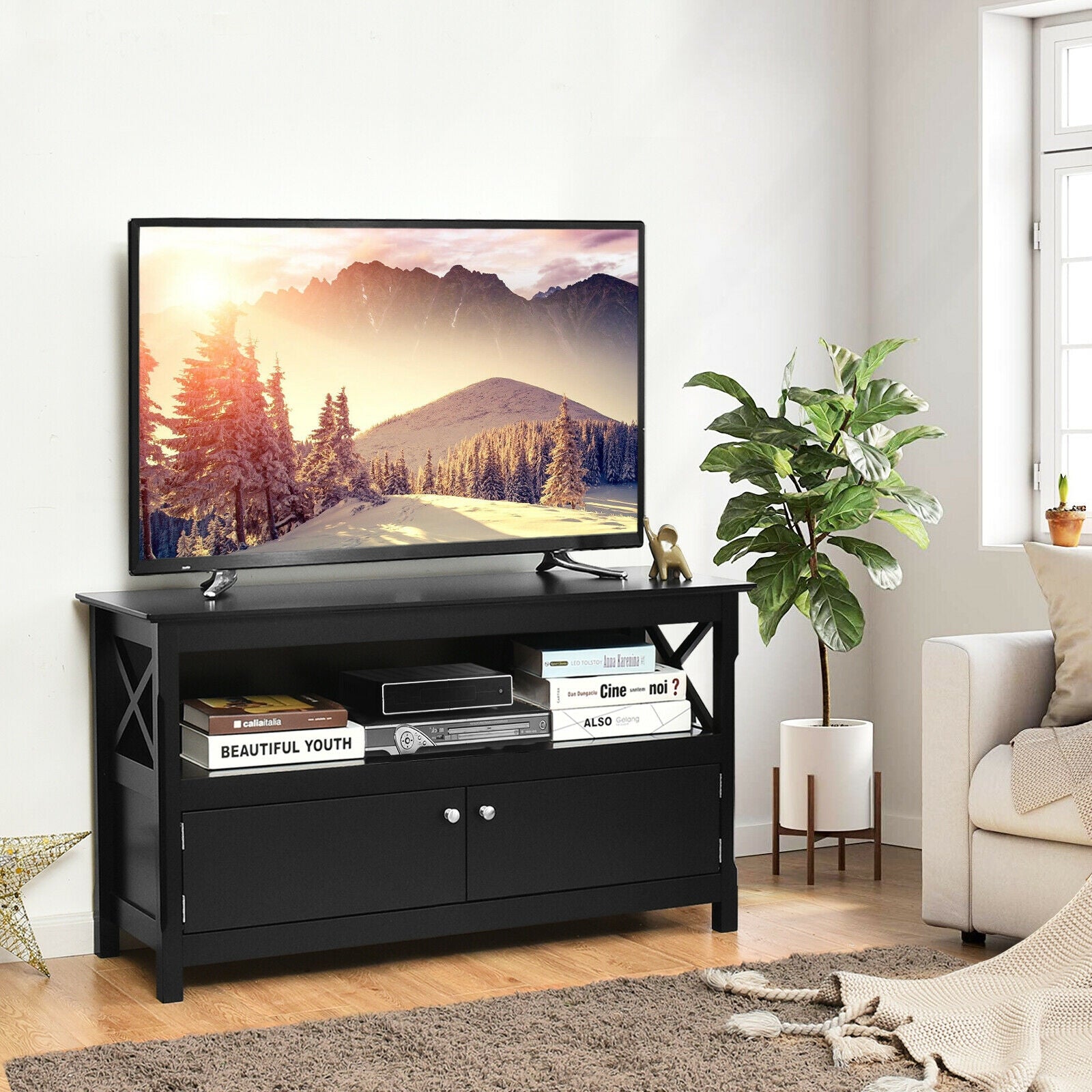 44 Inch Wooden Storage Cabinet TV Stand-BlackÂ