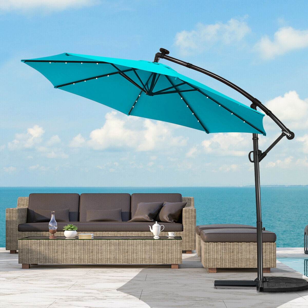 10 ft 360° Rotation Solar Powered LED Patio Offset Umbrella without Weight Base-TurquoiseÂ