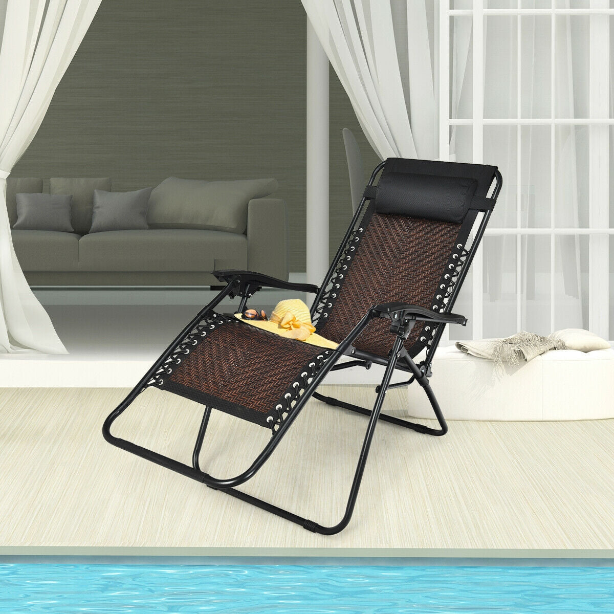 Folding Rattan Zero Gravity Lounge Chair with Removable Head Pillow-CoffeeÂ
