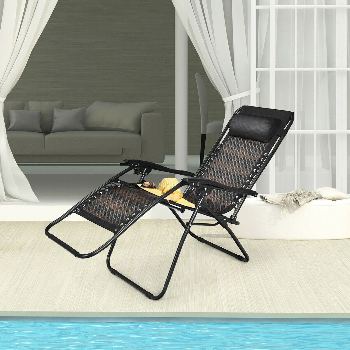Folding Rattan Zero Gravity Lounge Chair with Removable Head Pillow-BrownÂ