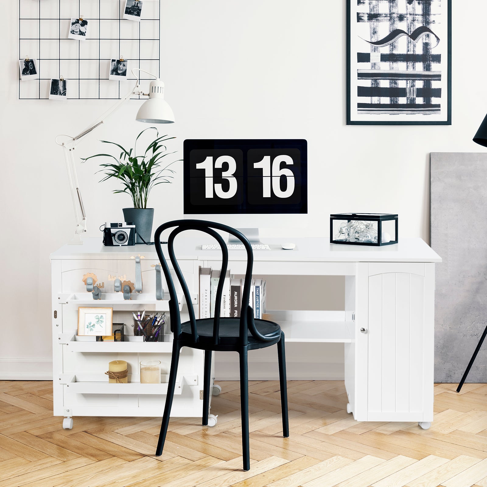 Folding Sewing Table Shelves Storage Cabinet Craft Cart with Wheels-WhiteÂ