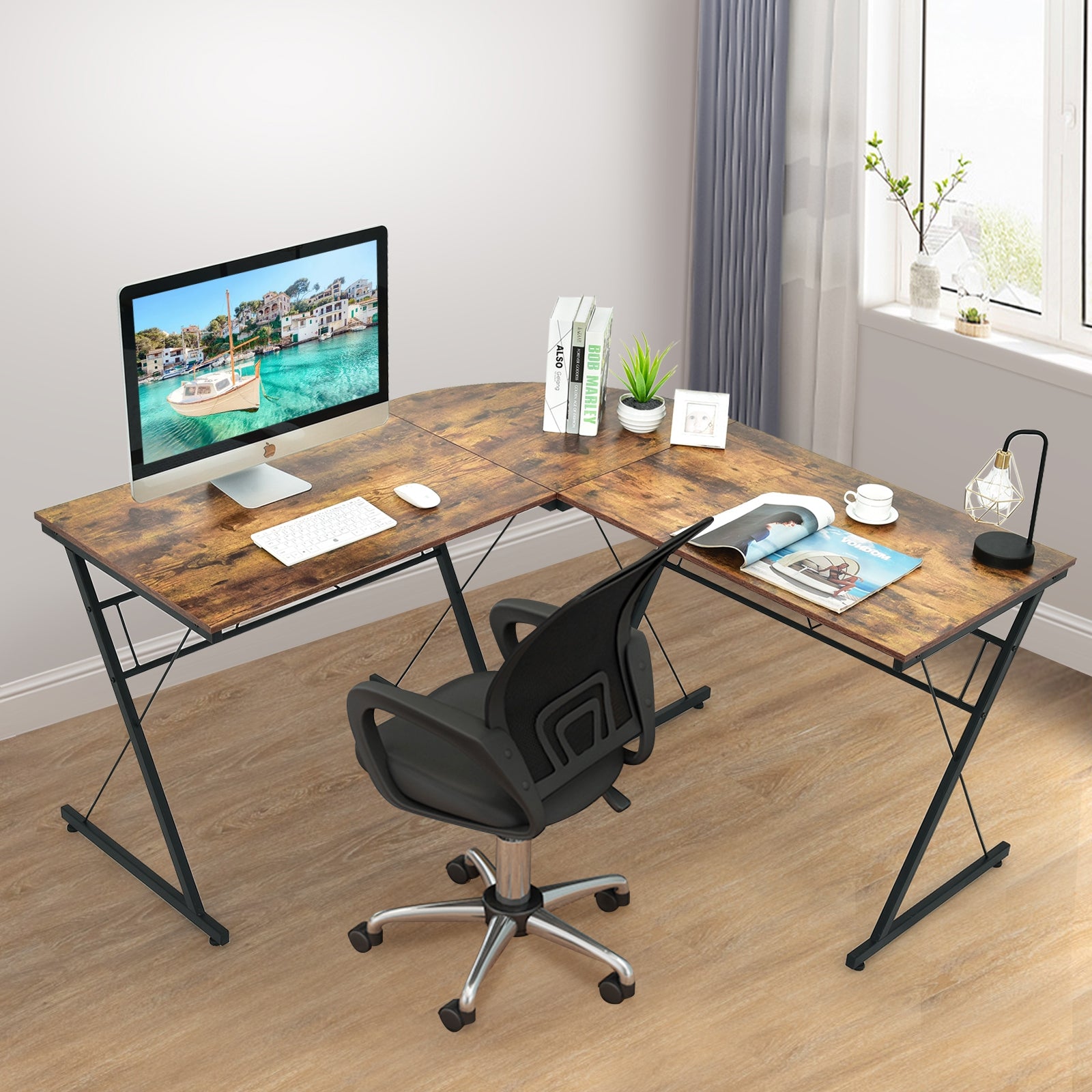 59 Inch L-Shaped Corner Desk Computer Table for Home Office Study Workstation-BrownÂ