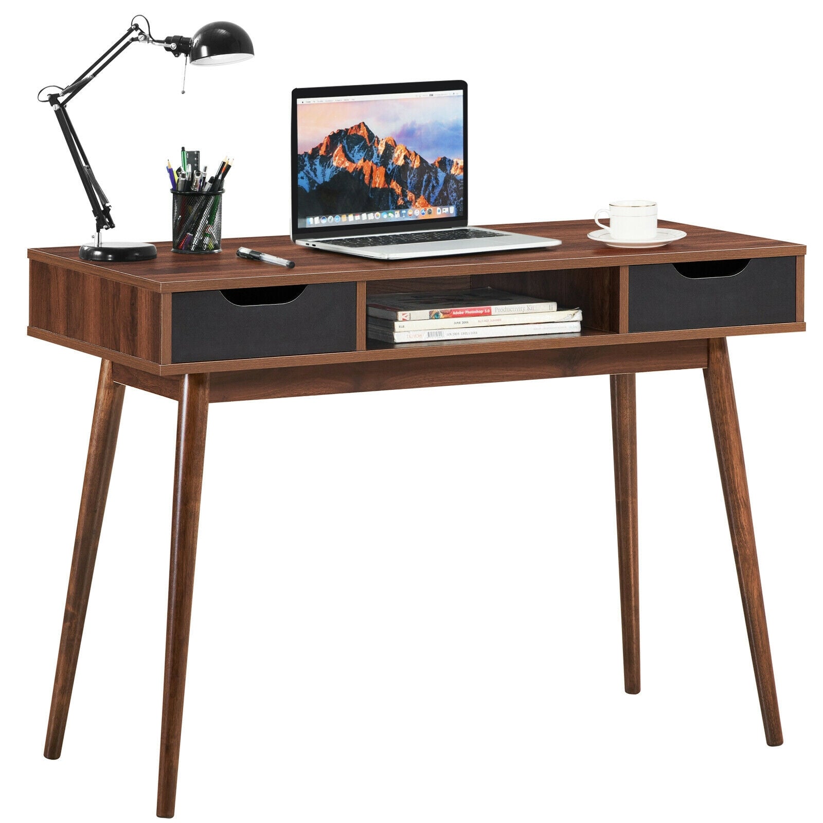 Stylish Computer Desk Workstation with 2 Drawers and Solid Wood Legs-WalnutÂ