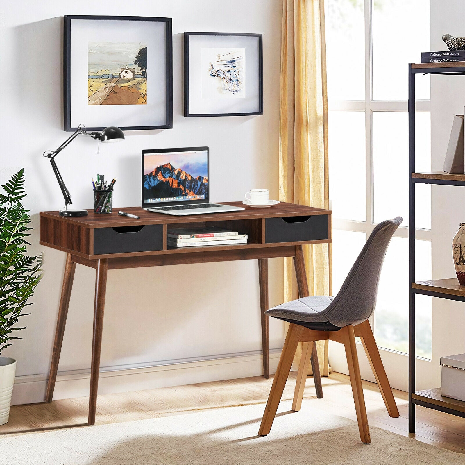 Stylish Computer Desk Workstation with 2 Drawers and Solid Wood Legs-WalnutÂ
