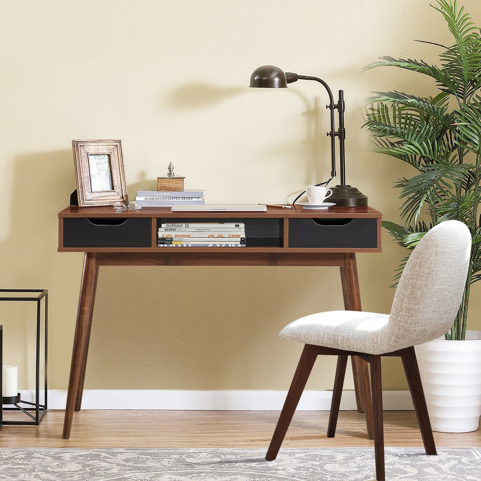 Stylish Computer Desk Workstation with 2 Drawers and Solid Wood Legs-WalnutÂ
