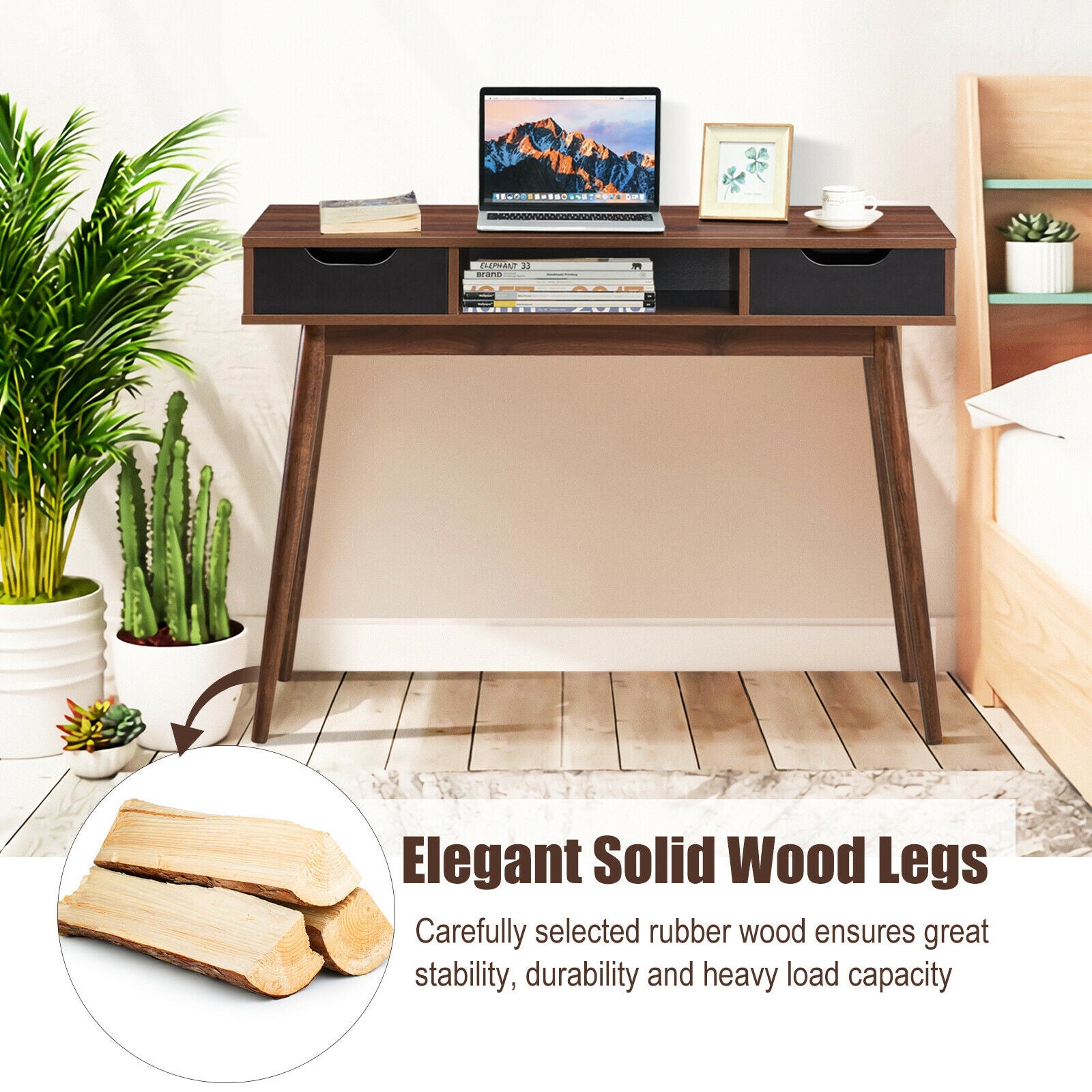 Stylish Computer Desk Workstation with 2 Drawers and Solid Wood Legs-WalnutÂ