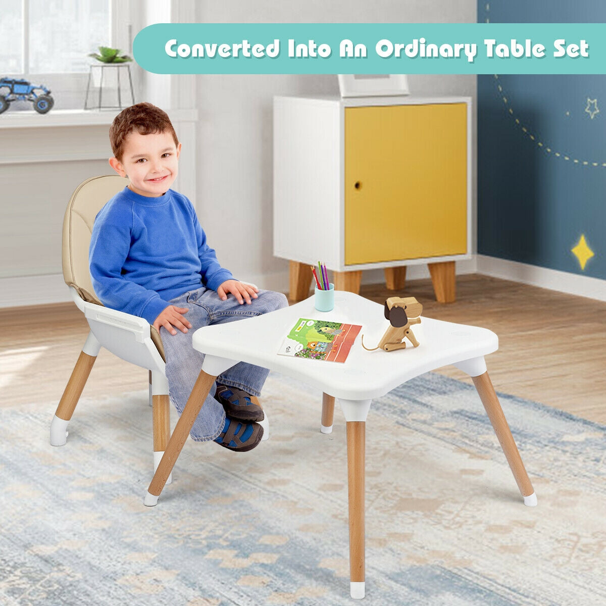 5-in-1 Baby Wooden Convertible High Chair -KhakiÂ