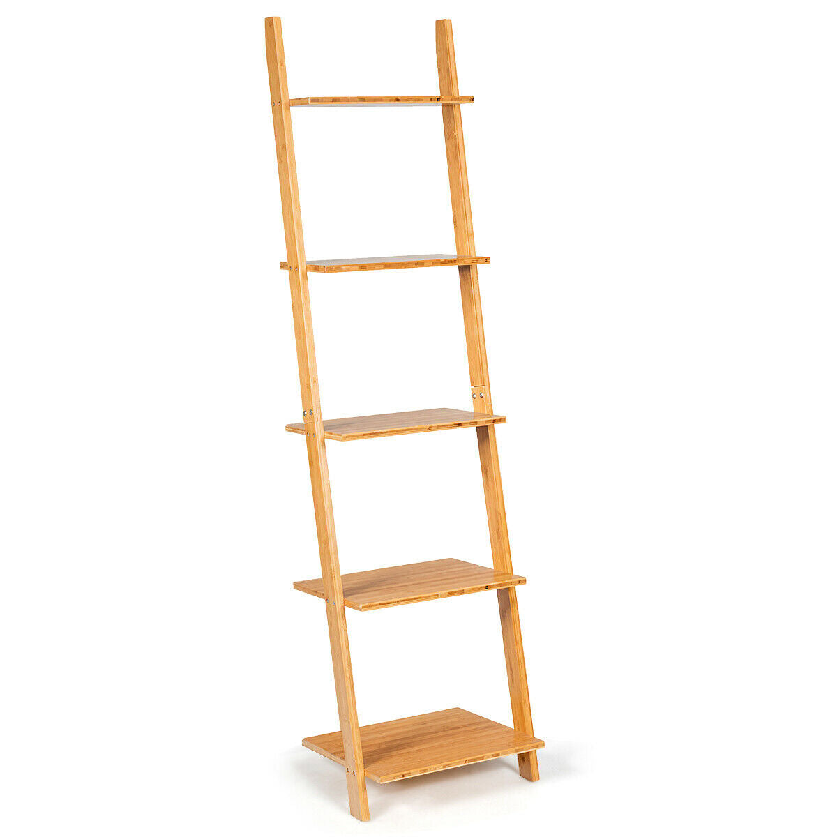 5-Tier Ladder Shelf Modern Bamboo Leaning Bookshelf Ladder BookcaseÂ