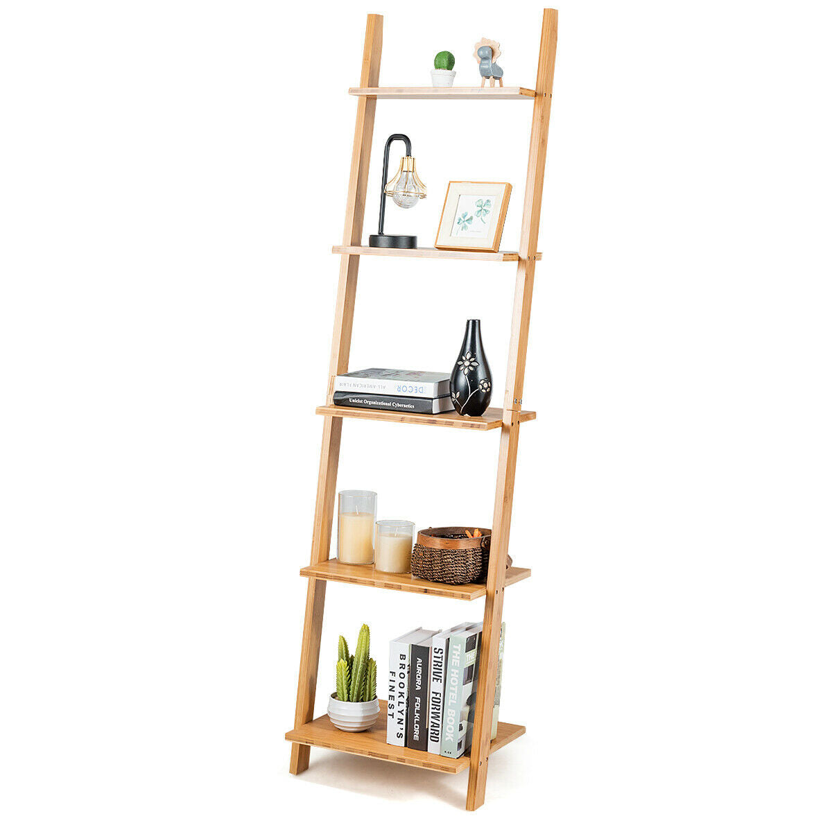 5-Tier Ladder Shelf Modern Bamboo Leaning Bookshelf Ladder BookcaseÂ