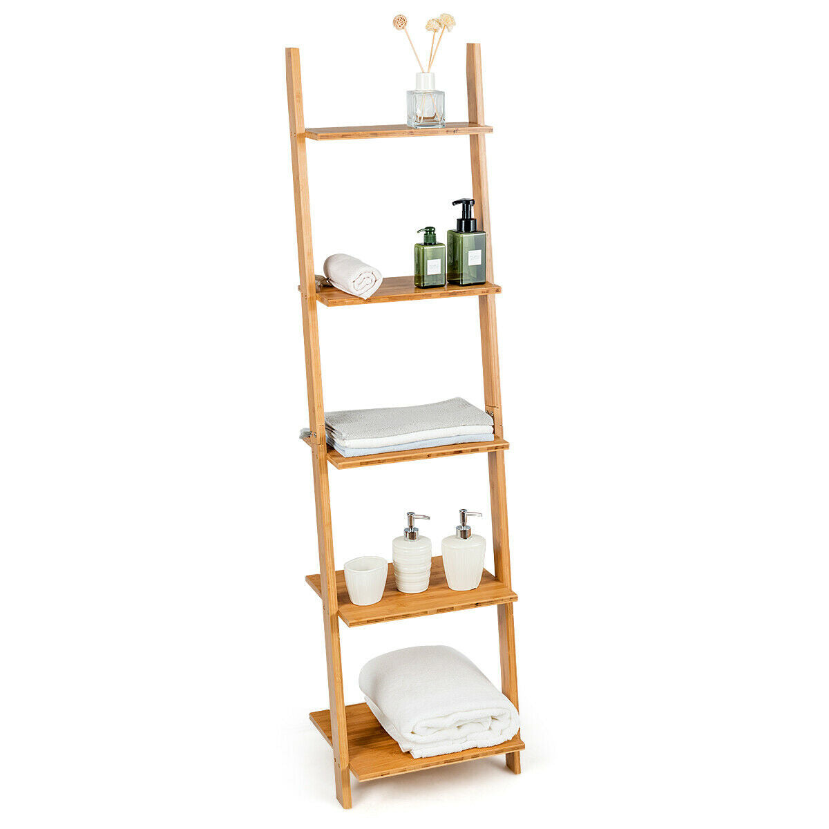 5-Tier Ladder Shelf Modern Bamboo Leaning Bookshelf Ladder BookcaseÂ