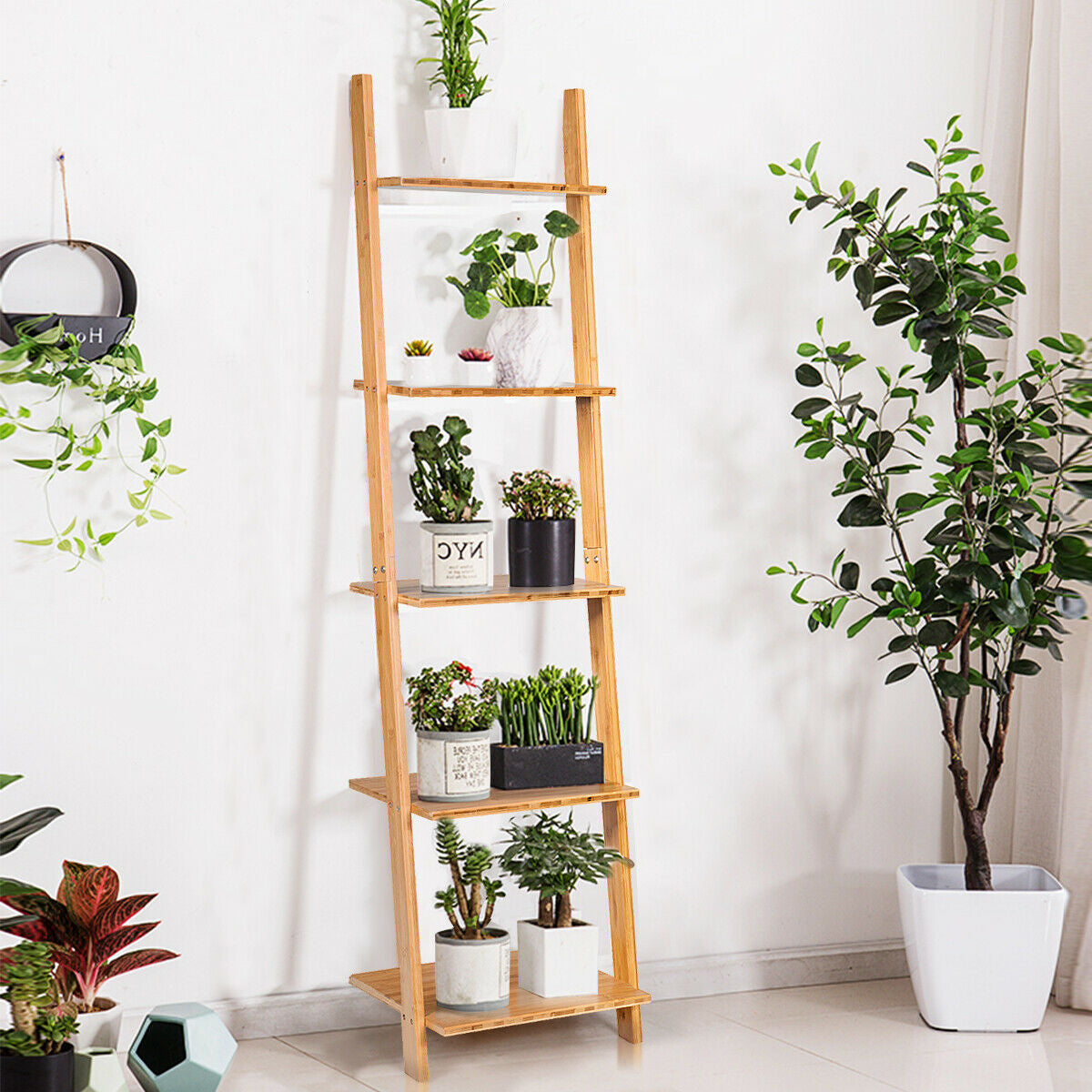 5-Tier Ladder Shelf Modern Bamboo Leaning Bookshelf Ladder BookcaseÂ