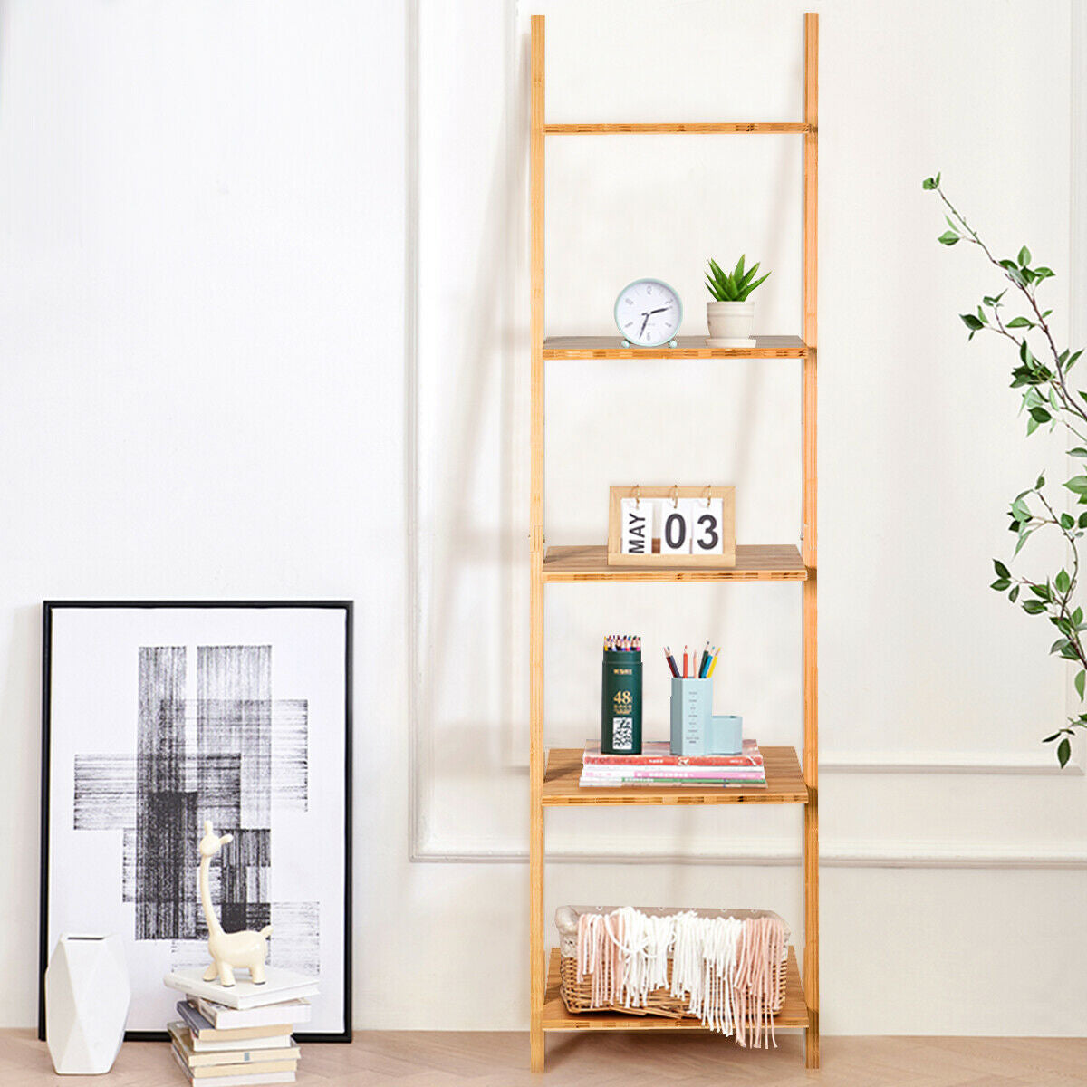 5-Tier Ladder Shelf Modern Bamboo Leaning Bookshelf Ladder BookcaseÂ
