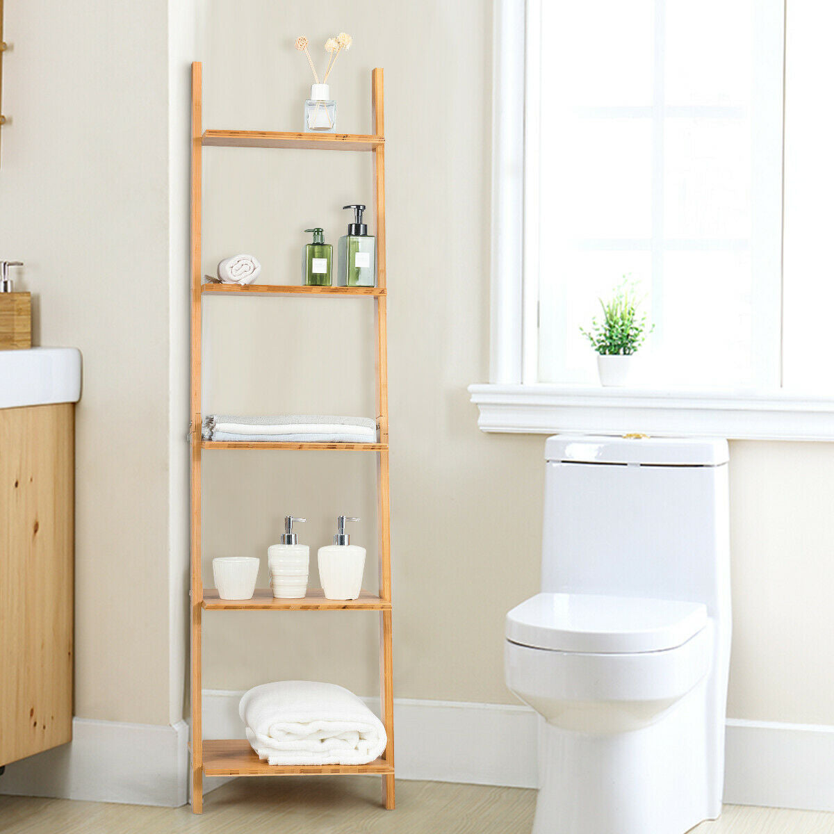 5-Tier Ladder Shelf Modern Bamboo Leaning Bookshelf Ladder BookcaseÂ