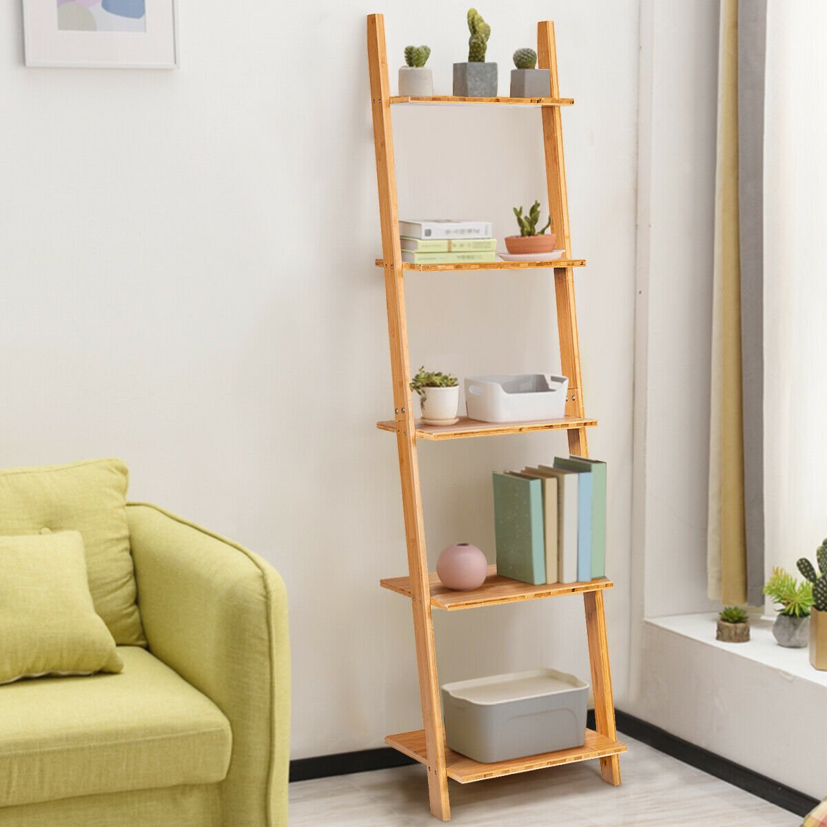 5-Tier Ladder Shelf Modern Bamboo Leaning Bookshelf Ladder BookcaseÂ