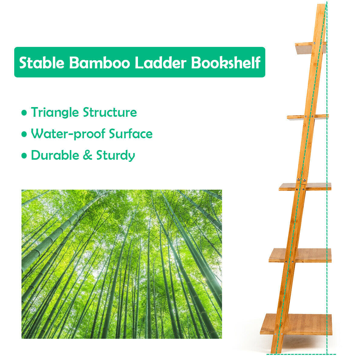 5-Tier Ladder Shelf Modern Bamboo Leaning Bookshelf Ladder BookcaseÂ