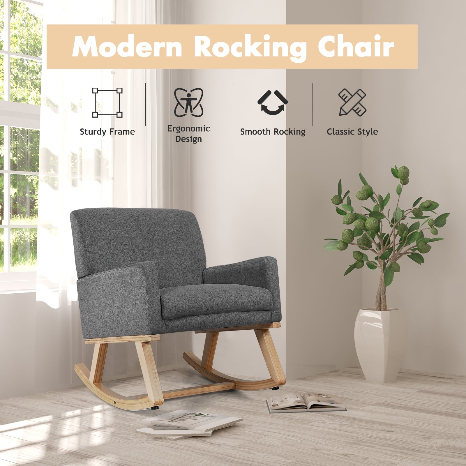 Upholstered Rocking Chair with and Solid Wood Base-GrayÂ