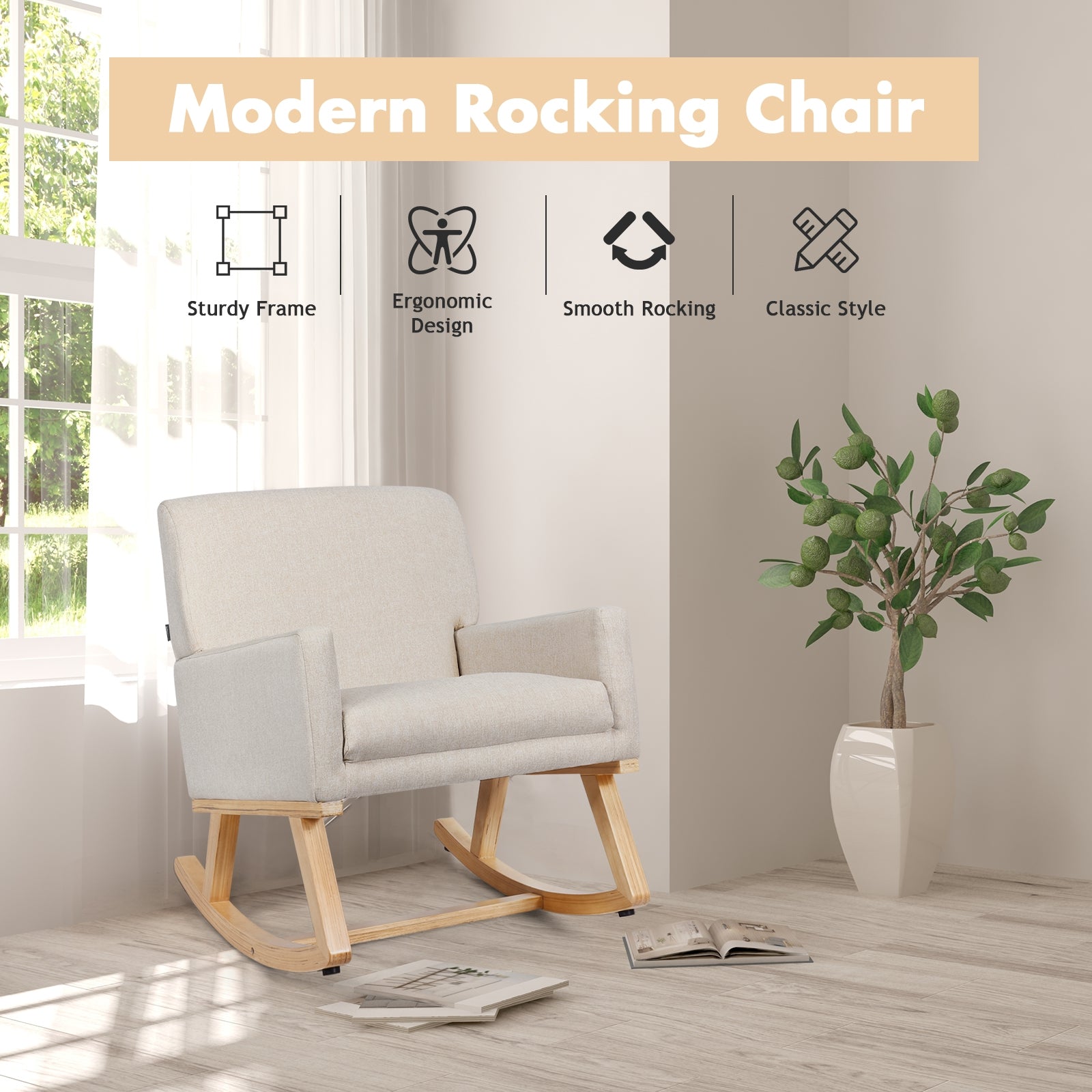 Upholstered Rocking Chair with and Solid Wood Base-BeigeÂ