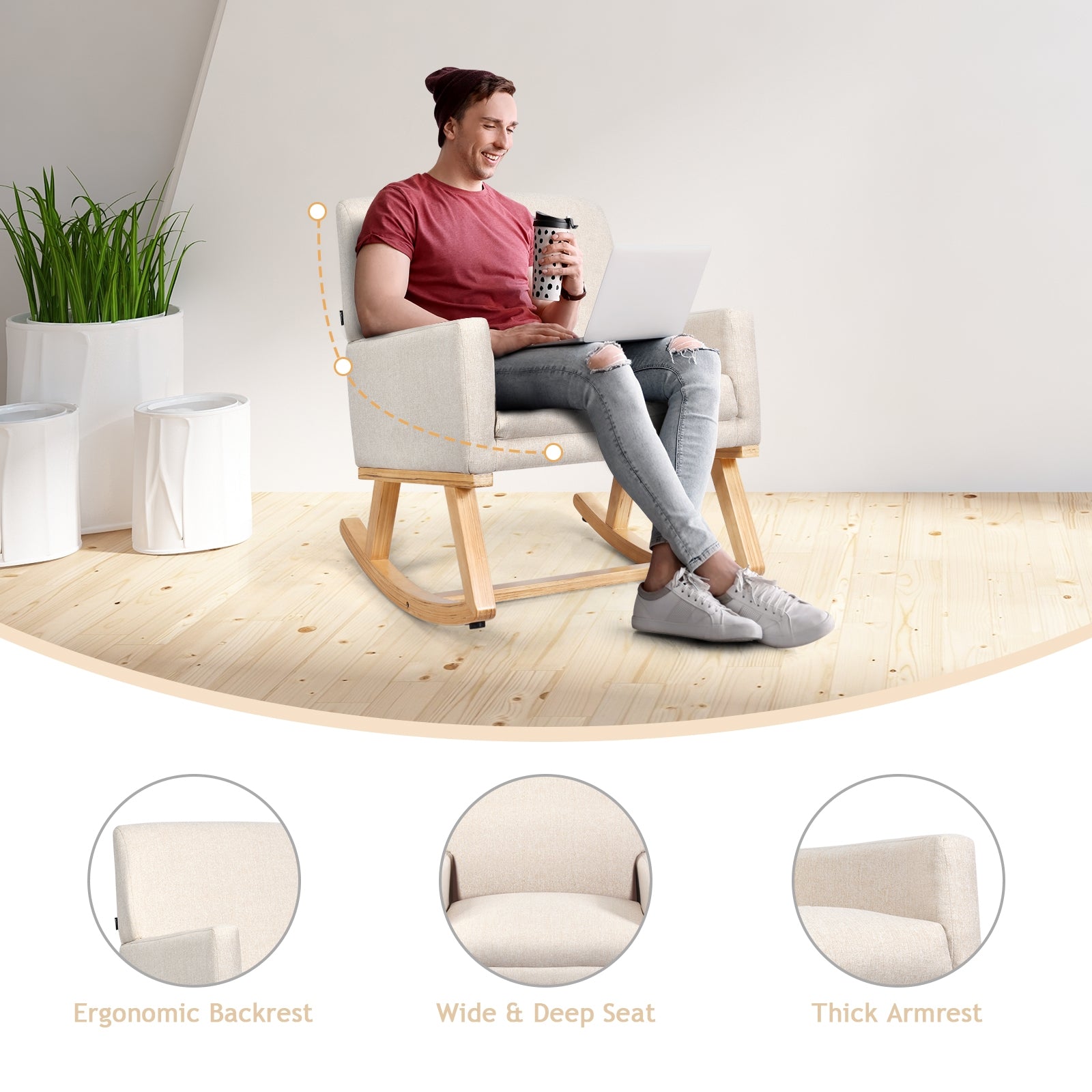 Upholstered Rocking Chair with and Solid Wood Base-BeigeÂ