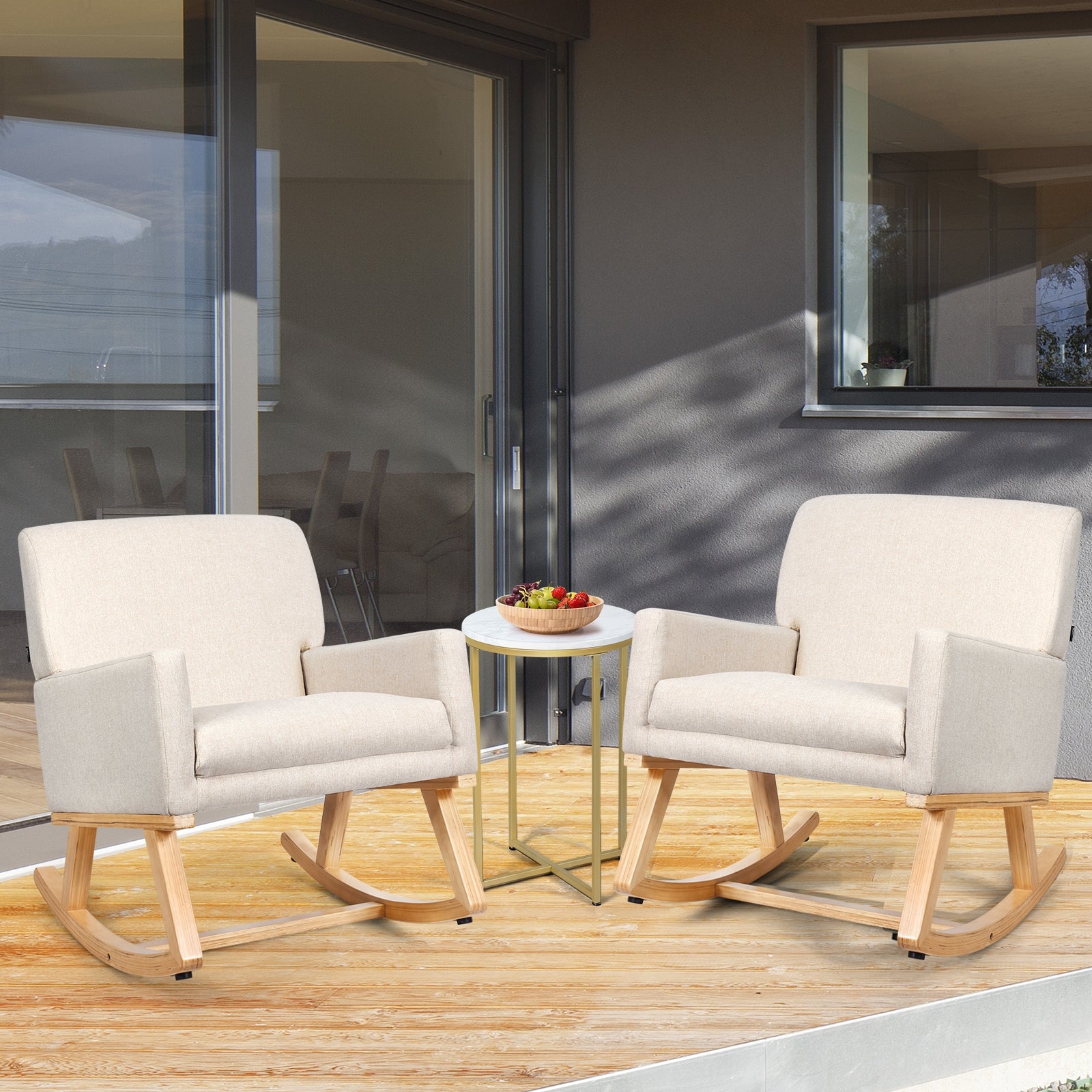 Upholstered Rocking Chair with and Solid Wood Base-BeigeÂ