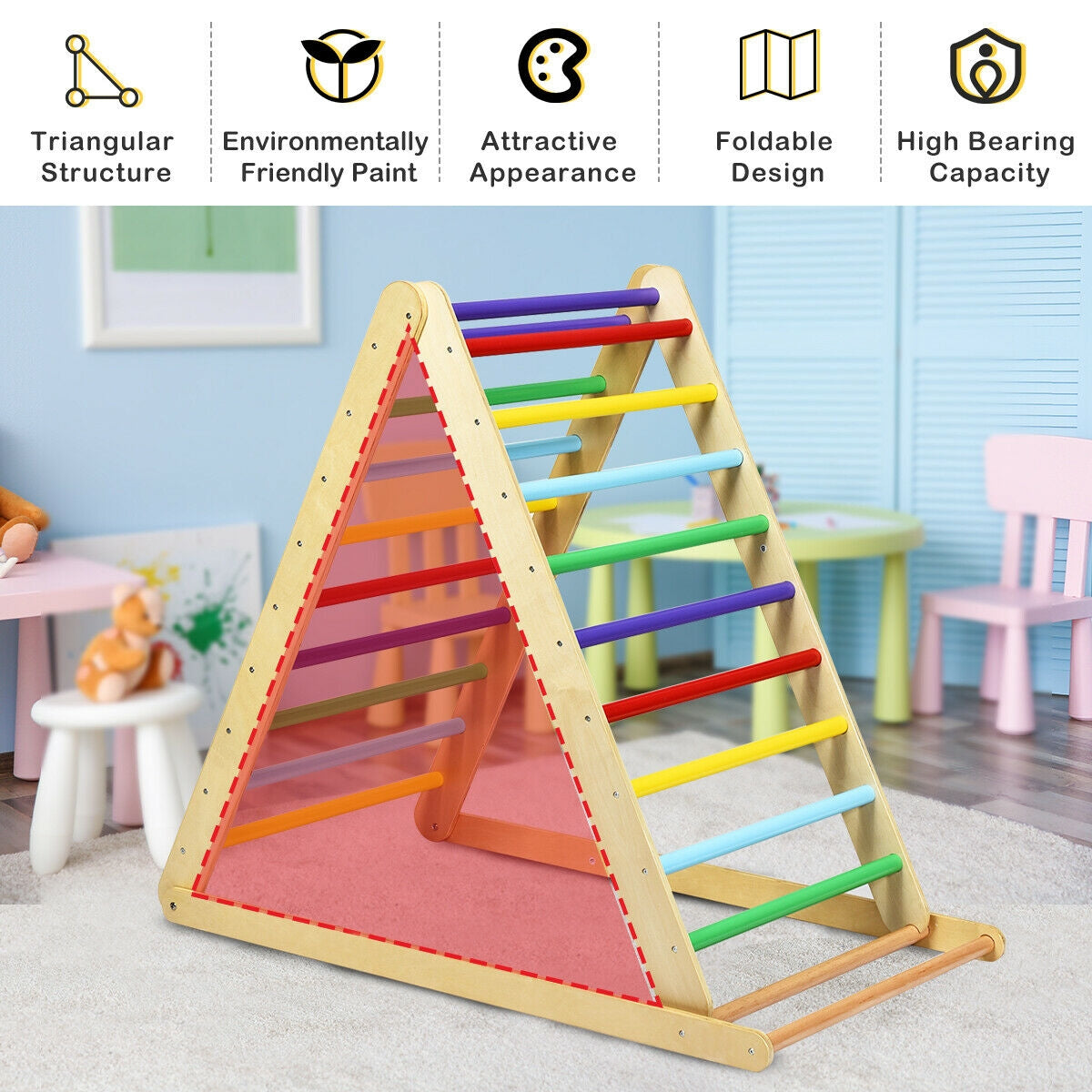 Foldable Wooden Climbing Triangle Indoor with Ladder for Toddler Baby-MulticolorÂ