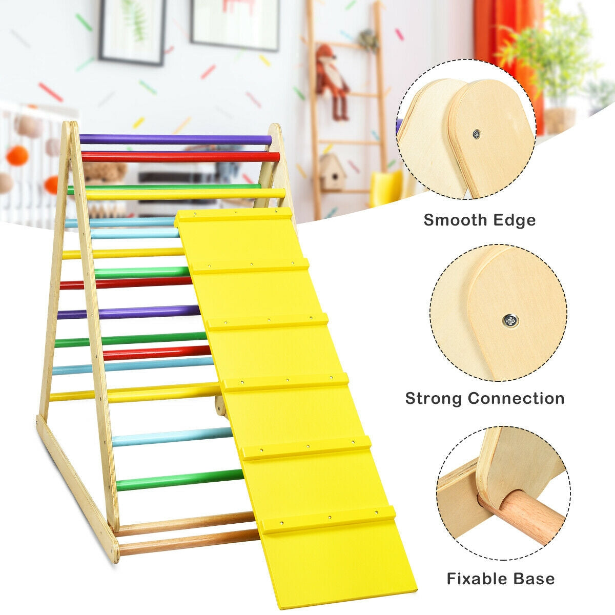 Foldable Wooden Climbing Triangle Indoor with Ladder for Toddler Baby-MulticolorÂ